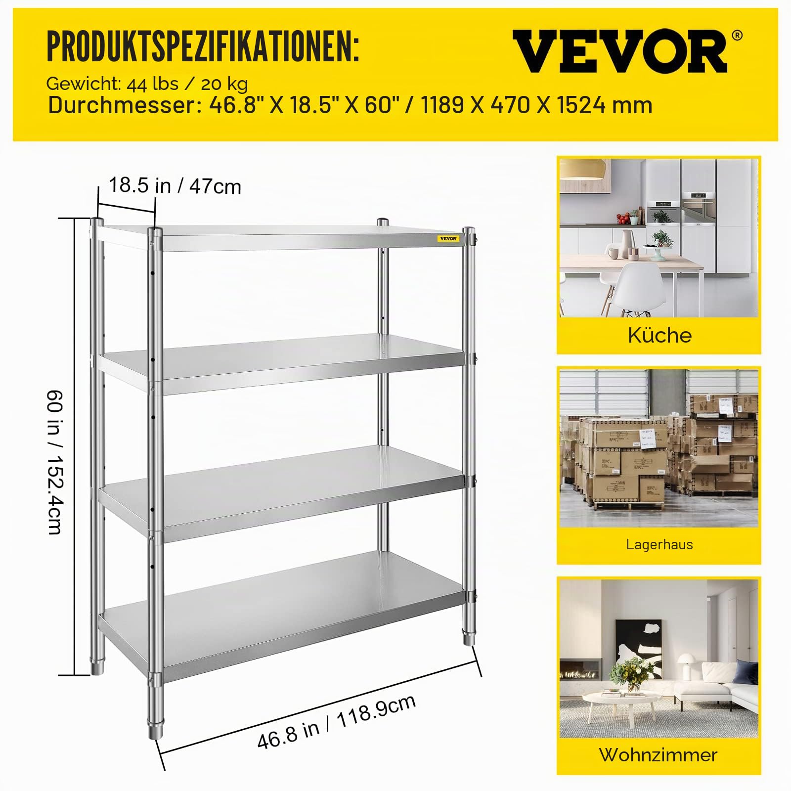 VEVOR Edelstahlregal Gastronomie 4 Böden Schwerlastregal Lagerregal 150 kg küchenregale standregal 122 x 48 x 150 cm Standing Shelf Rack