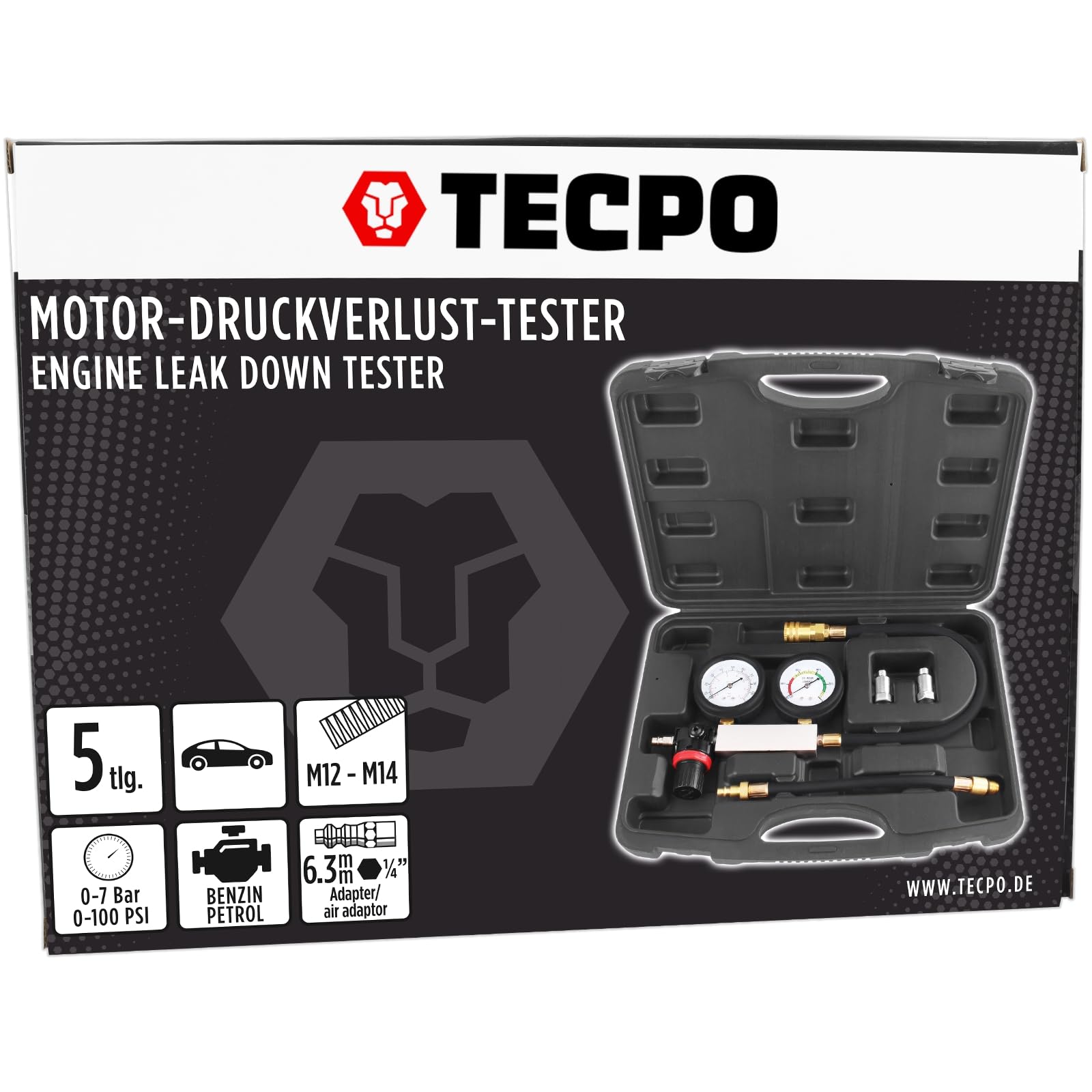 TECPO Druckverlust Leck Tester Undichtigkeiten prüfen Ventile Kolbenringe Kopfdichtung Motortester Druckverlustprüfer Zylinderdruck messen Prüfgerät