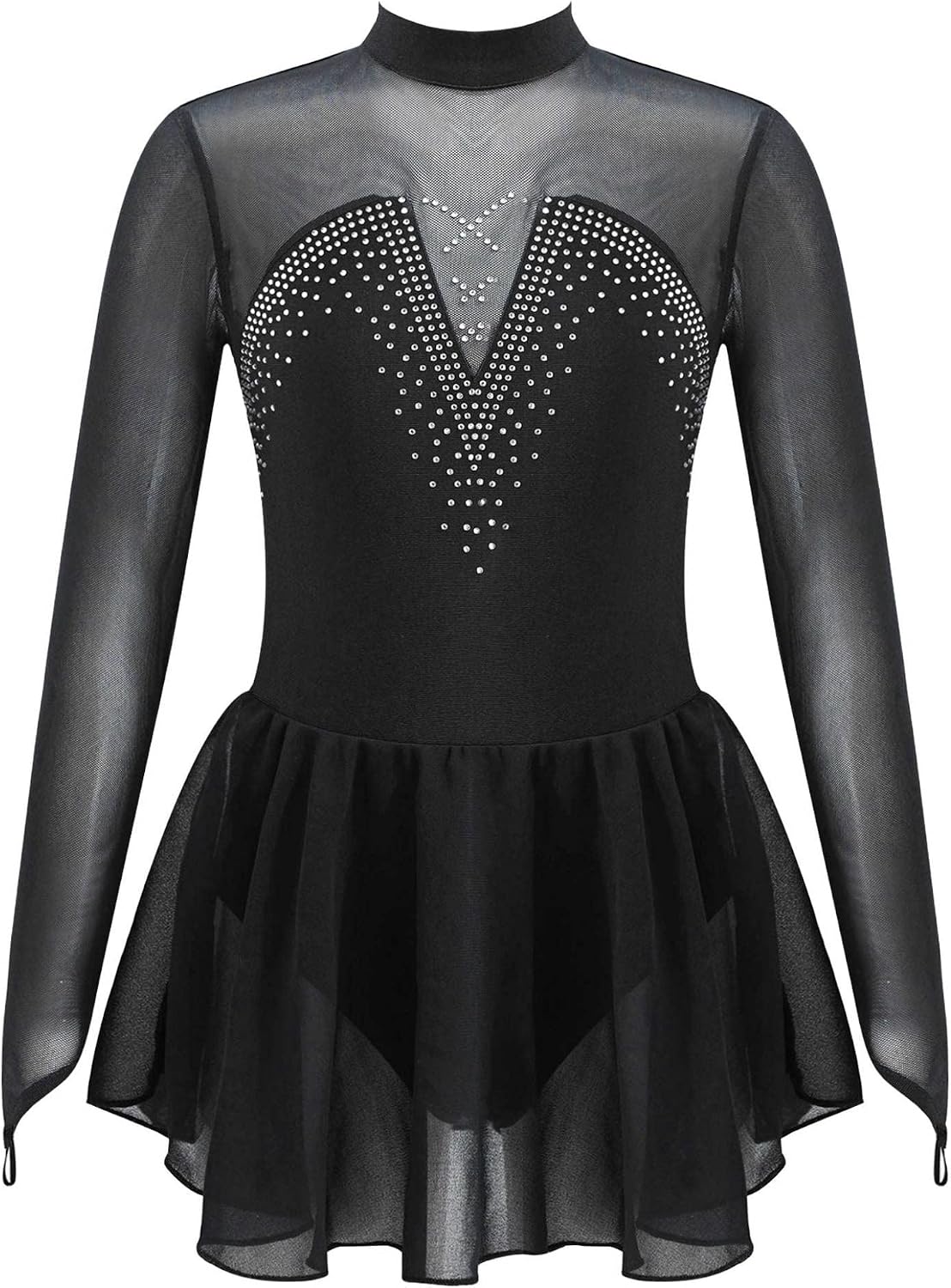Shinsto Kids Girls Figure Ice Skating Dress Shiny Rhinestones Long Sleeve Gymnastic Tutu Skirted Leotard
