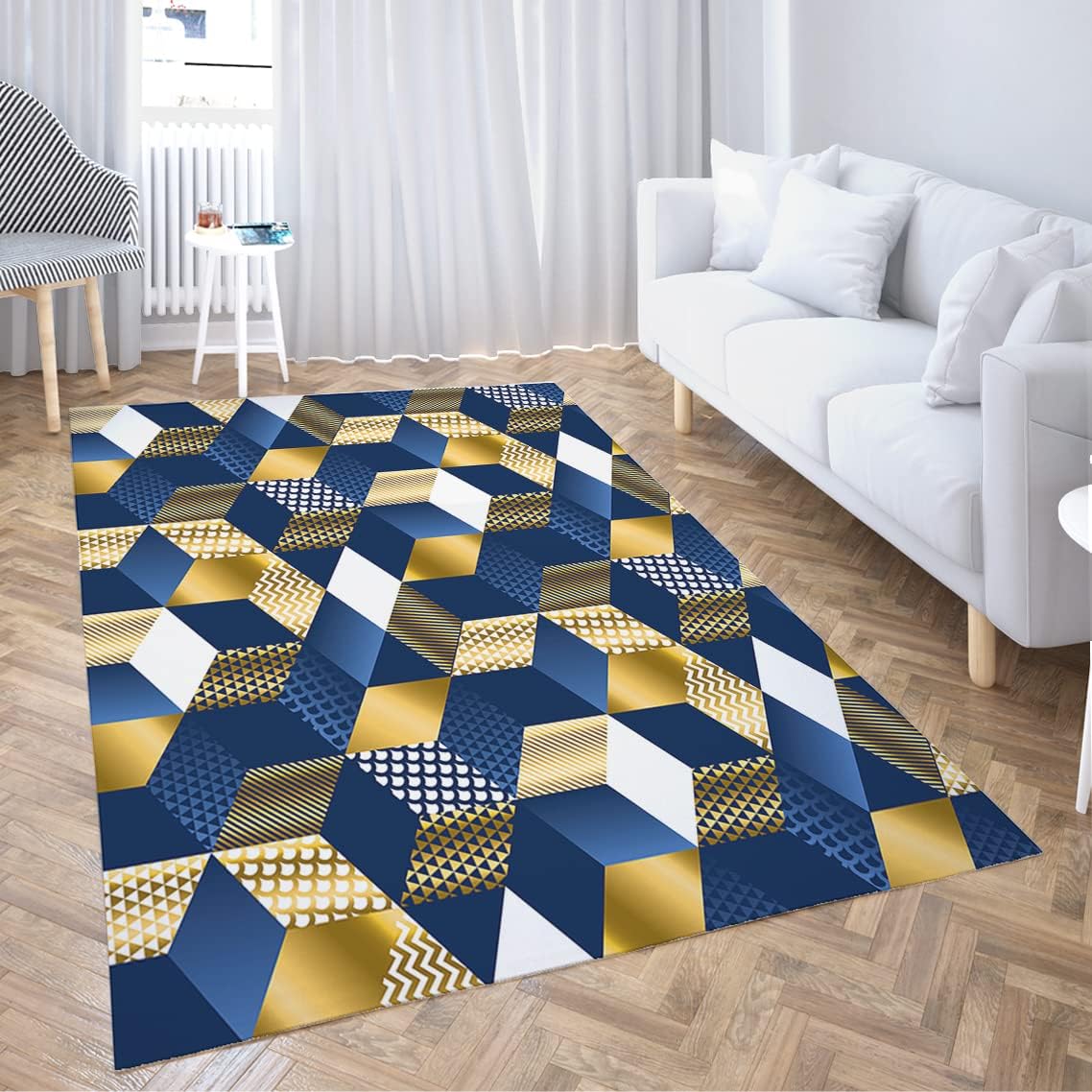 Amazon.com: Caarenp Non-Slip Area Rugs Geometric Blue Gold Cubes Luxury ...
