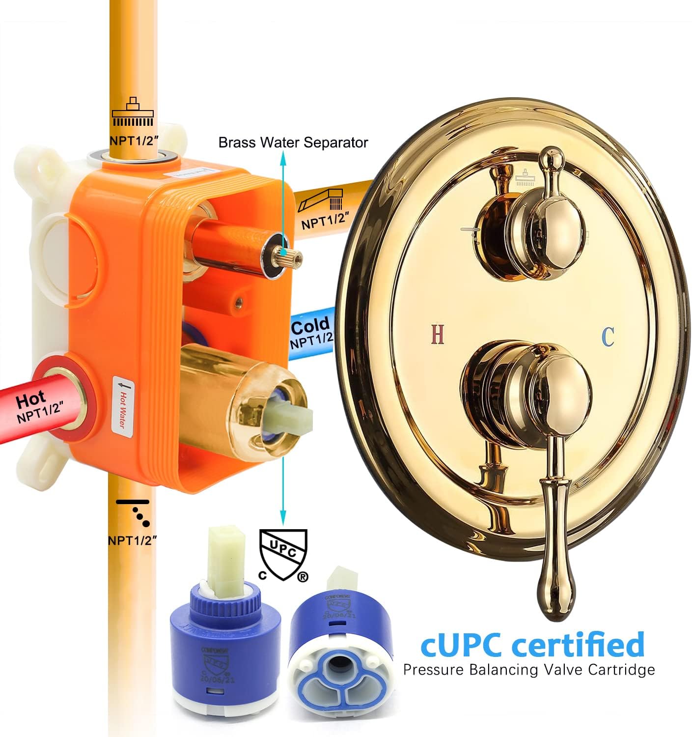 Enga Bright Gold Brass Shower Tub Faucet System Antique 8inch Rainfall