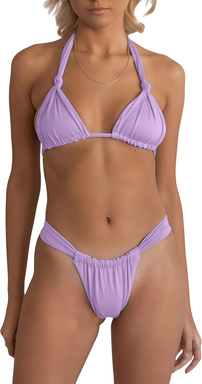 Women Two Piece Swimsuits Halter Triangle String Bikini Sets Sexy Ruched Brazilian Cheeky Thong Bathing Suit