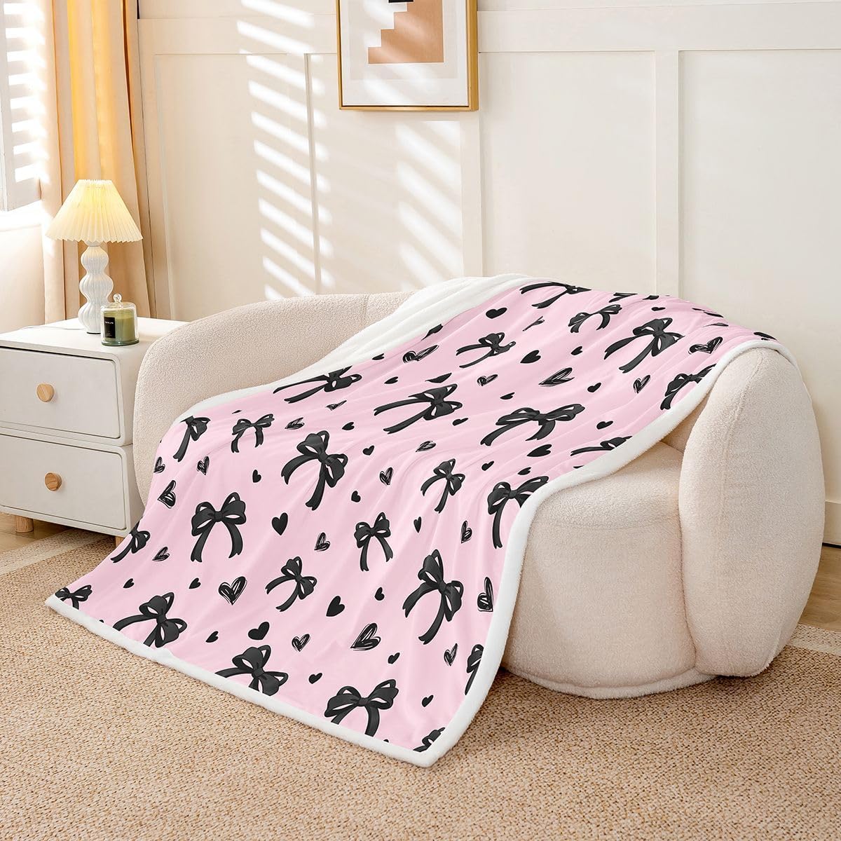 Erosebridal Black Pink Initial Letter A Bowknot Alphabet Fleece Blanket Twin 60"x80" | Bow Love Hearts Coquette Ribbon Sherpa Blanket Kawaii Girls Kids Romantic Women Warm Fuzzy Plush Throw