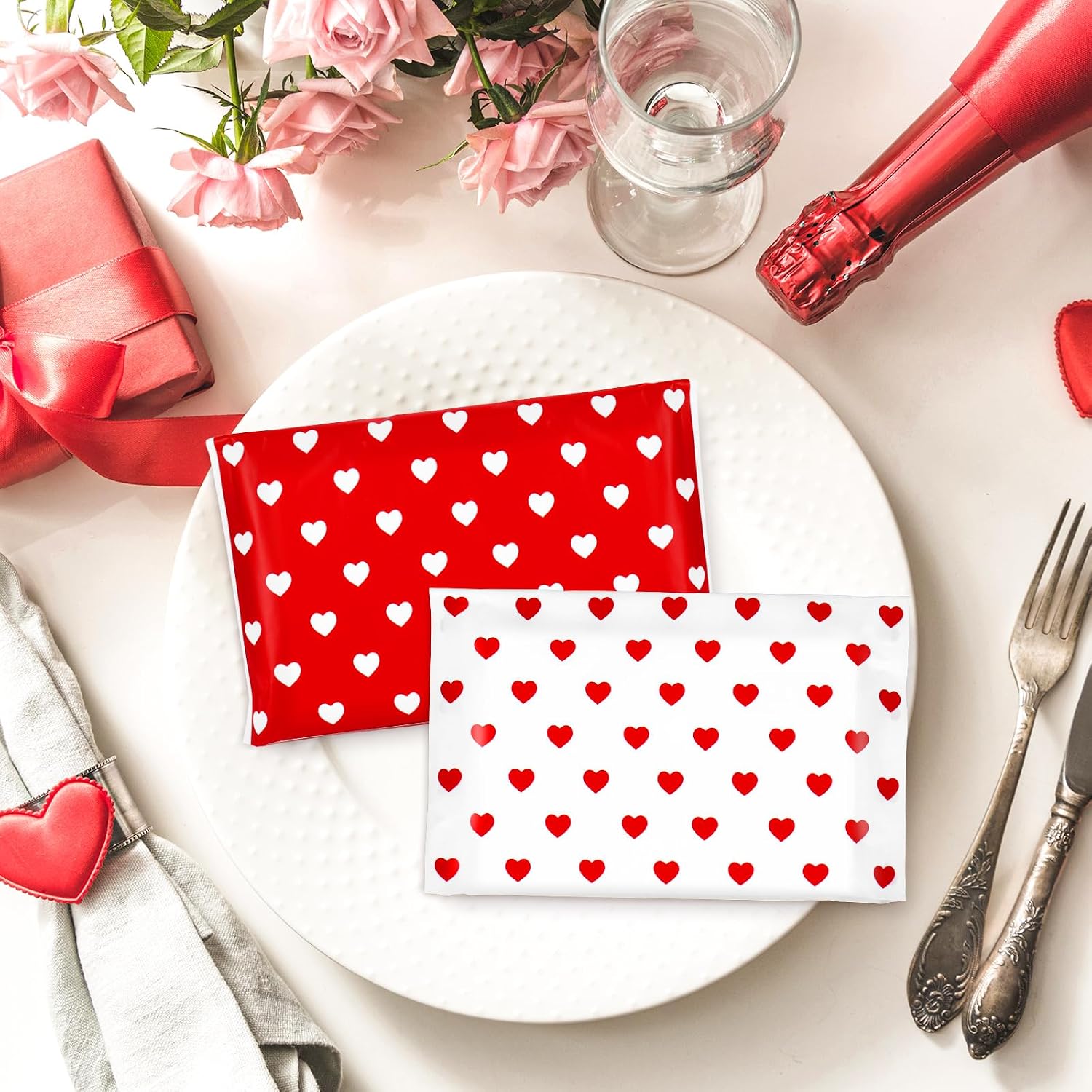 FYSUIMU 50 Pack Valentine's Day Facial Tissues Pocket Pack Travel Size 10 Sheets Each Red White Love Heart Wallet Tissue Bulk for Wedding Anniversary Car Bedroom Supplies