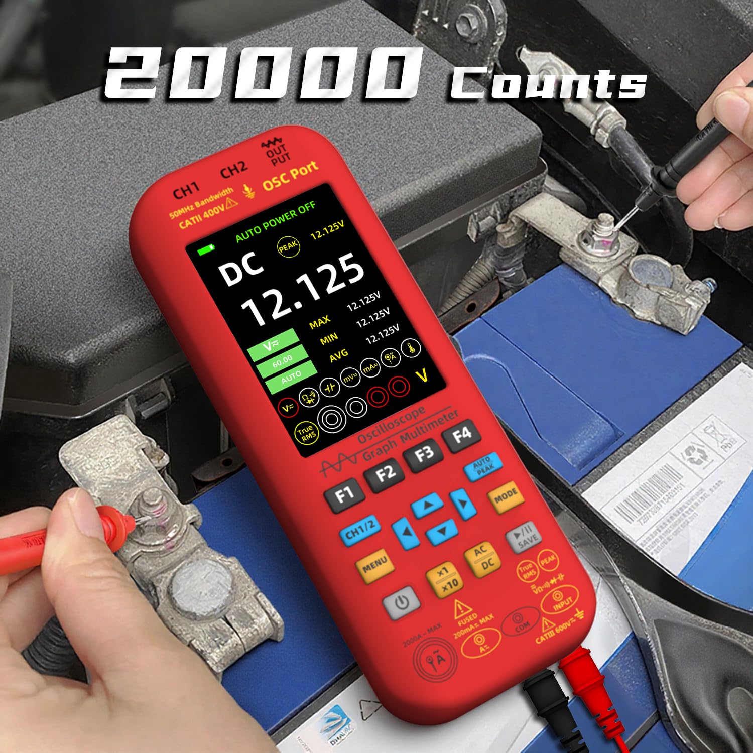 BSIDE O9 Oscilloscopio Digitale Portatile 2 Canali 50MHz 250MSa/s 5000mAh Multimetro TRMS 20000 Conteggi 3.98" Grande Display Generatore di Segnali 7 Forma d'Onda Tester Multifunzione Corrente 2000A
