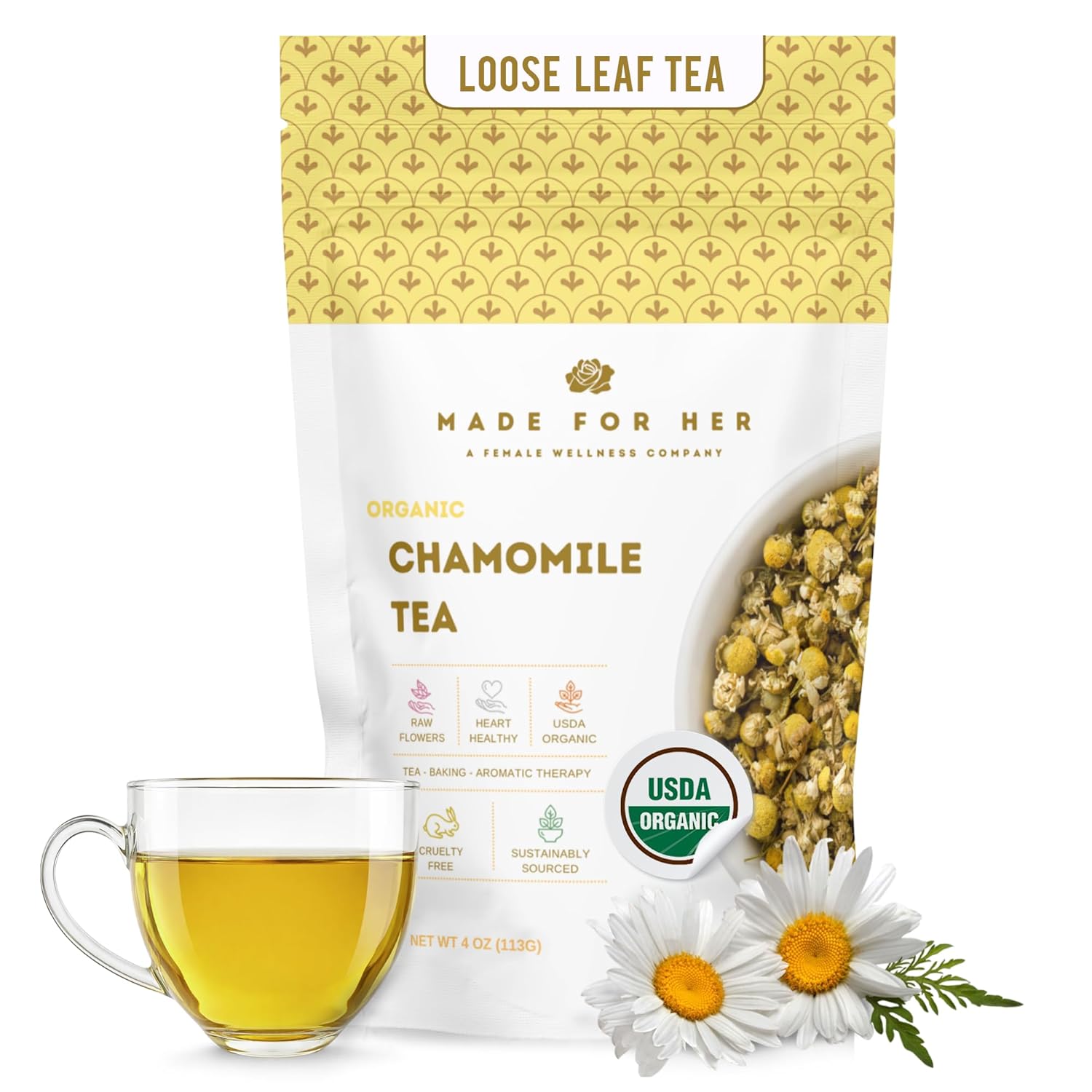 Organic Chamomile Tea Loose Leaf – Calming Sleepy Time Drink for Relaxation & Stress Relief | Herbal Manzanilla Bedtime Tea | Caffeine-Free Digestive Tea | Soothing Night Time Tea Gifts