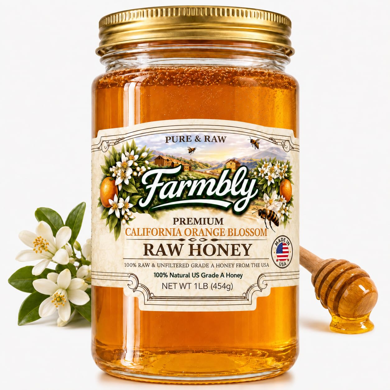 Farmbly California Orange Blossom Raw Honey – Unfiltered, Unpasteurized Pure Honey – Premium Glass Jar – Natural Floral Citrus Taste – Artisan Bee Farm Honey for Tea, Coffee, Toast & Cooking – 16 oz