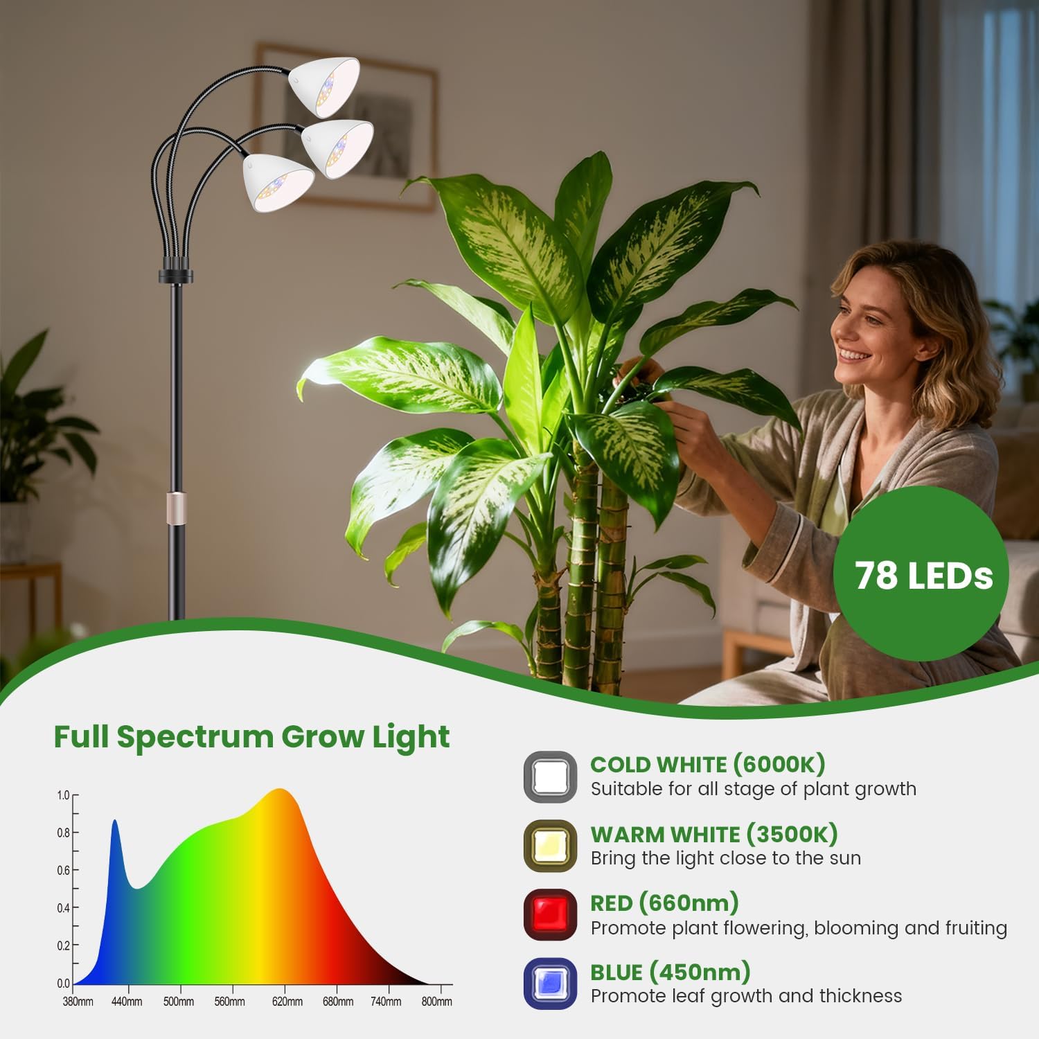 wolezek grow lights for indoor plants with stand, 3-head 78 leds full spectrum floor plant grow lamp for large plants, auto on/off timer 6/12/16h, 5 dimmable levels, adjustable height 16.5"-61"