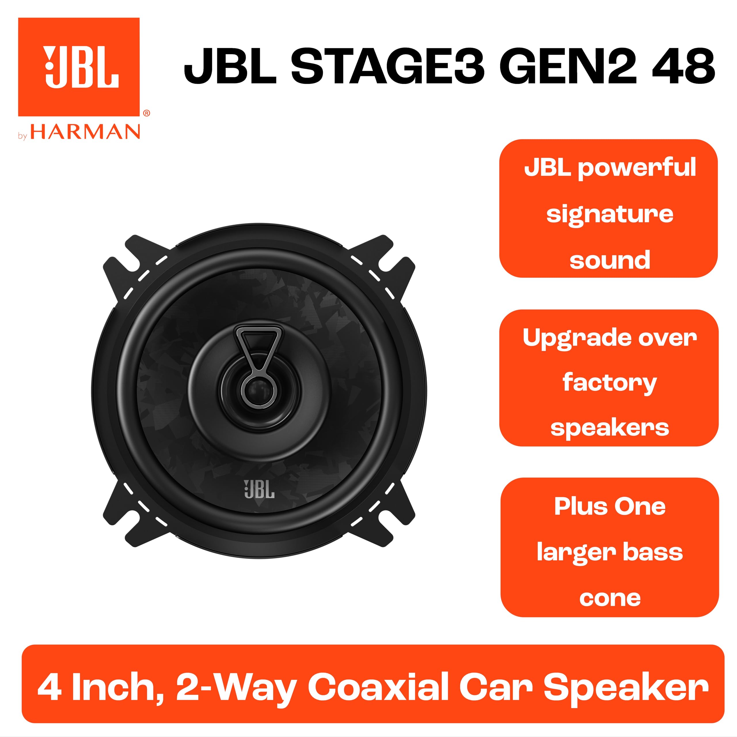 JBL Stage3 Gen2 48 Altavoces de Coche Coaxiales de 4 Pulgadas (100mm) con Rejilla 50W RMS 400W Pico Tecnología Plus One Fibra de Vidrio Impedancia 4 Ohmios para Sonido HiFi