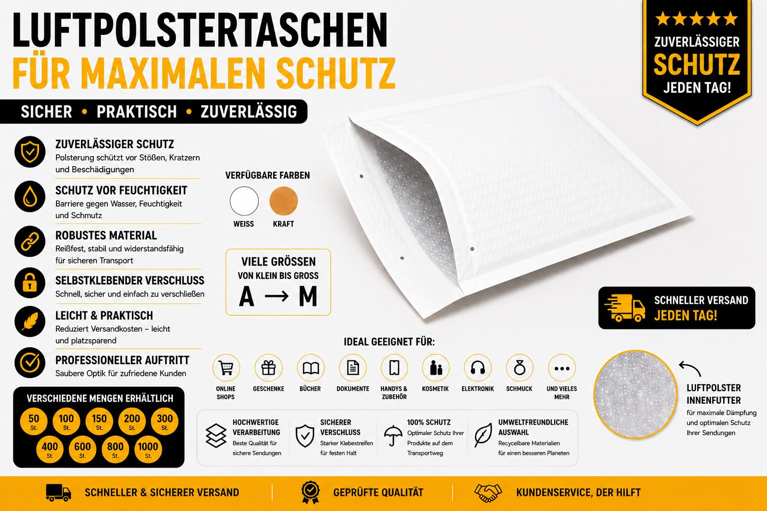 800 Luftpolsterversandtaschen Gr. A/1 Braun (120 x 175 mm) DIN A6 – Gepolsterte Versandtaschen mit Luftpolsterfolie, Reißfest & Sicher für Versand von Dokumenten, Schmuck und Kleinteilen