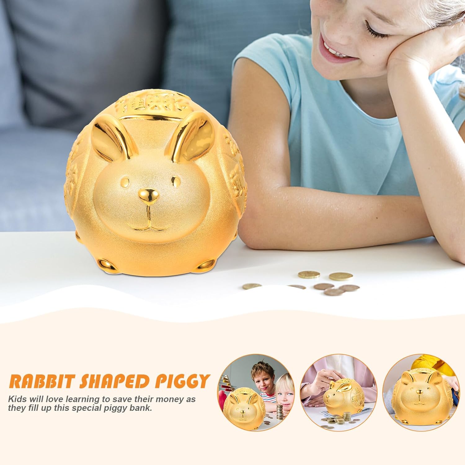 Generic Ceramic Rabbit Piggy Bank Money Jar Cute Cartoon Ornament for Birthday Home Decor Year Rabbit Saving Pot