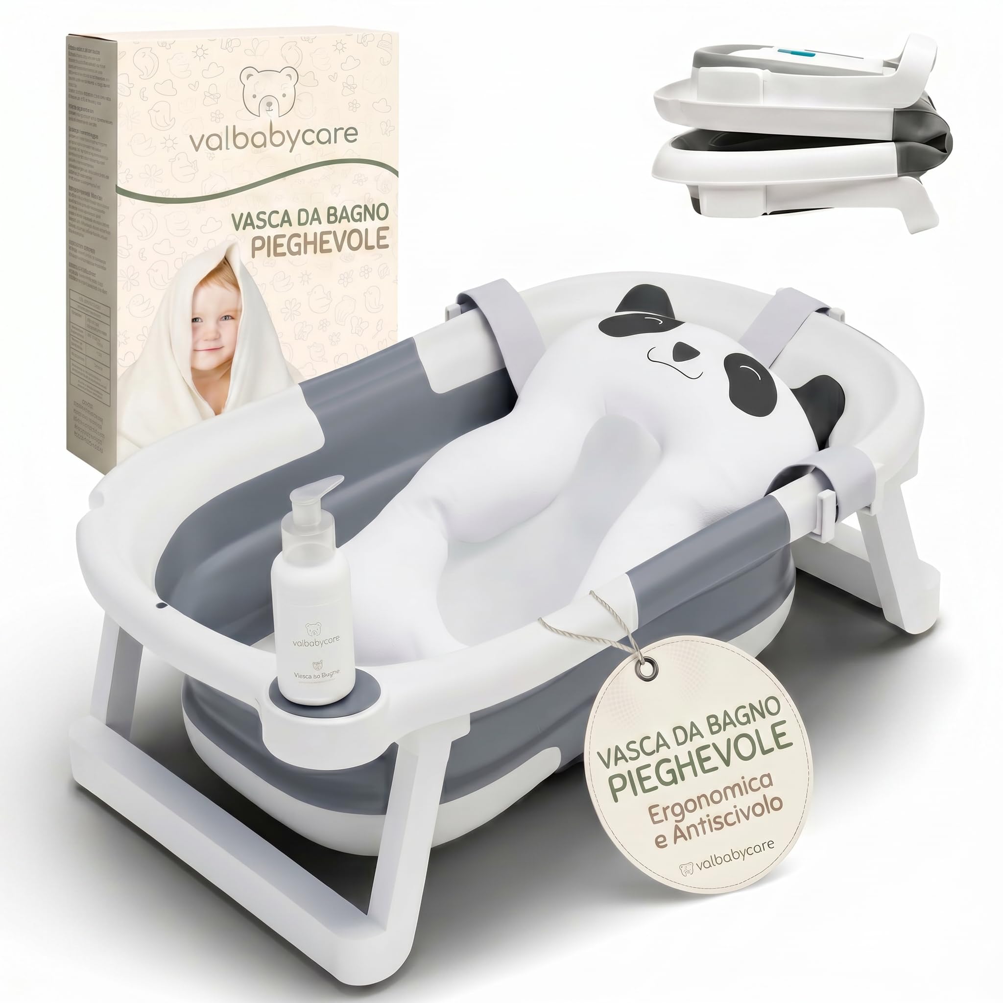 Vaschetta Bagnetto Neonato Pieghevole Portatile Antiscivolo Valbabycare | Cuscino panda ergonomico, fino a 3 anni, chiusura compatta e facile da pulire.