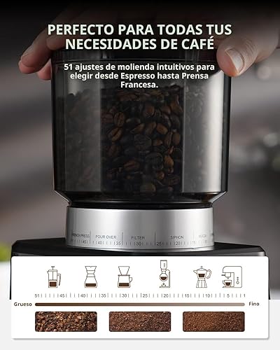 Miniatura 4 de SHARDOR Molinillo de café cónico de rebabas espresso eléctrico con temporizador de precisión 2.0, molino de rebabas ajustable con pantalla táctil