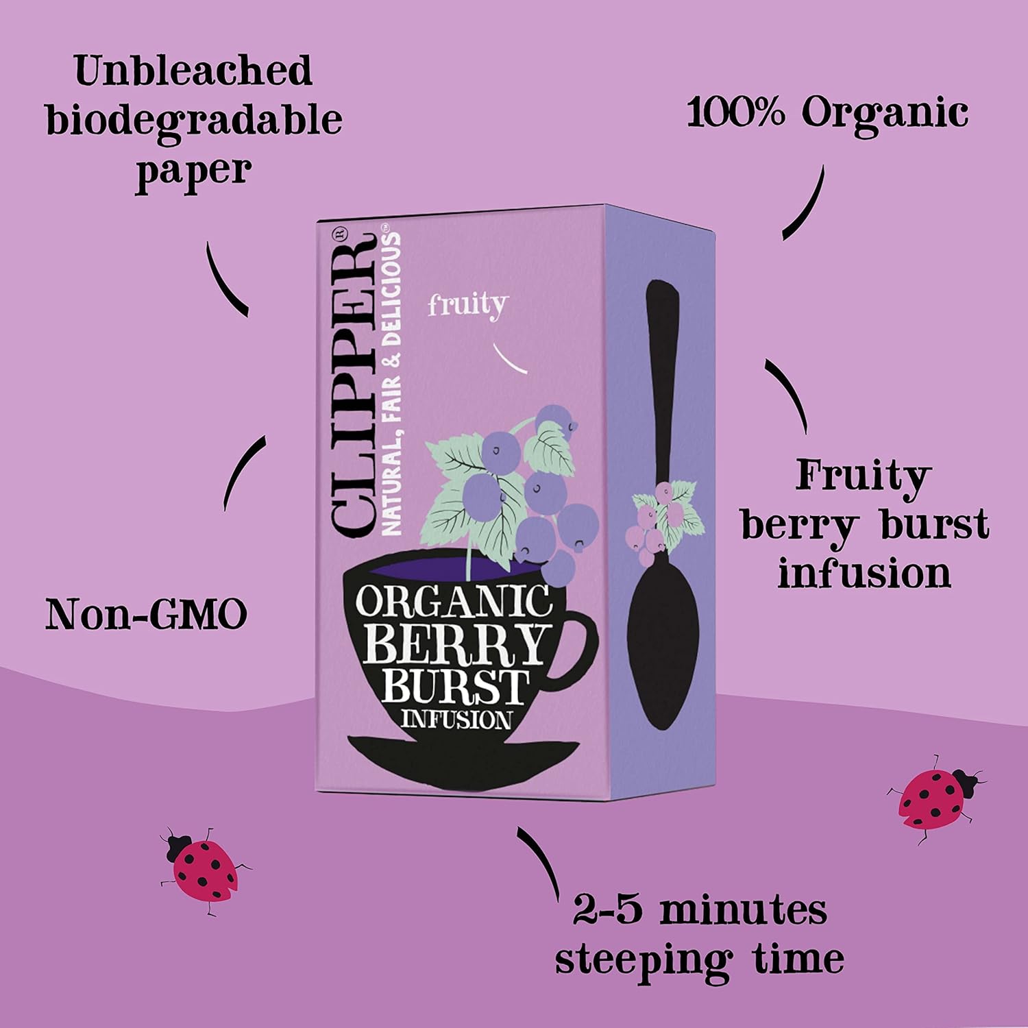 Clipper Tea, Berry Burst, Organic Tea with Raspberry, Licorice Root, and Hibiscus, Plant Based Herbal Tea, Caffeine Free British Tea, 4 Pack, 80 Unbleached Tea Bags