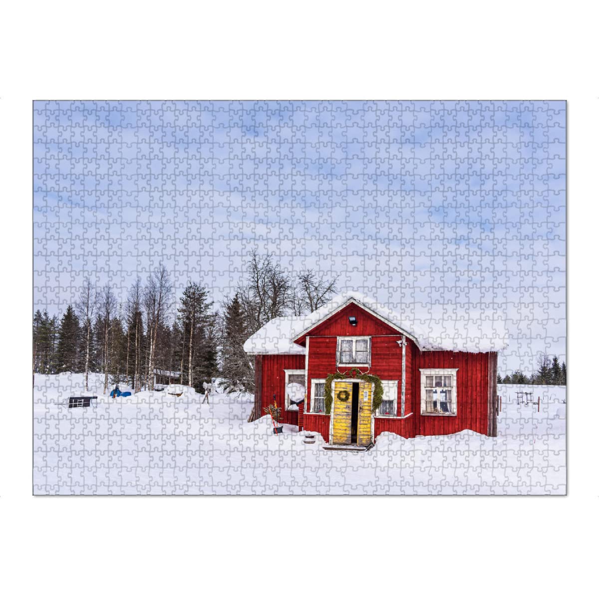artboxONE-Puzzle XXL (1500 Teile) Natur Rote Holzhütte im Schnee - Puzzle Winter Baum finnland