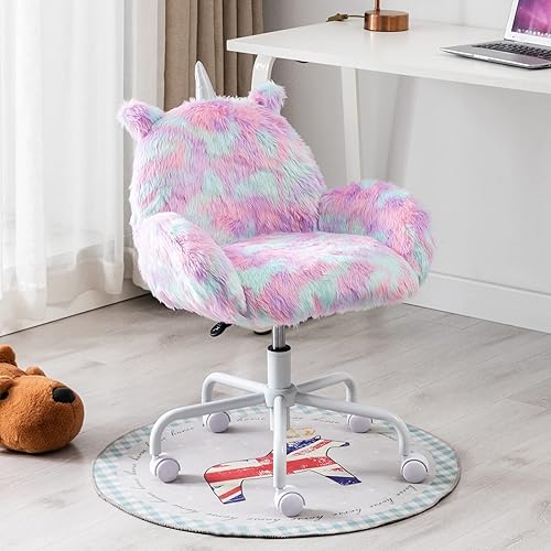 Guyou Silla de escritorio de estudio para niños, asientos de sudor, silla colorida para niños, linda silla giratoria con ruedas para computadora con