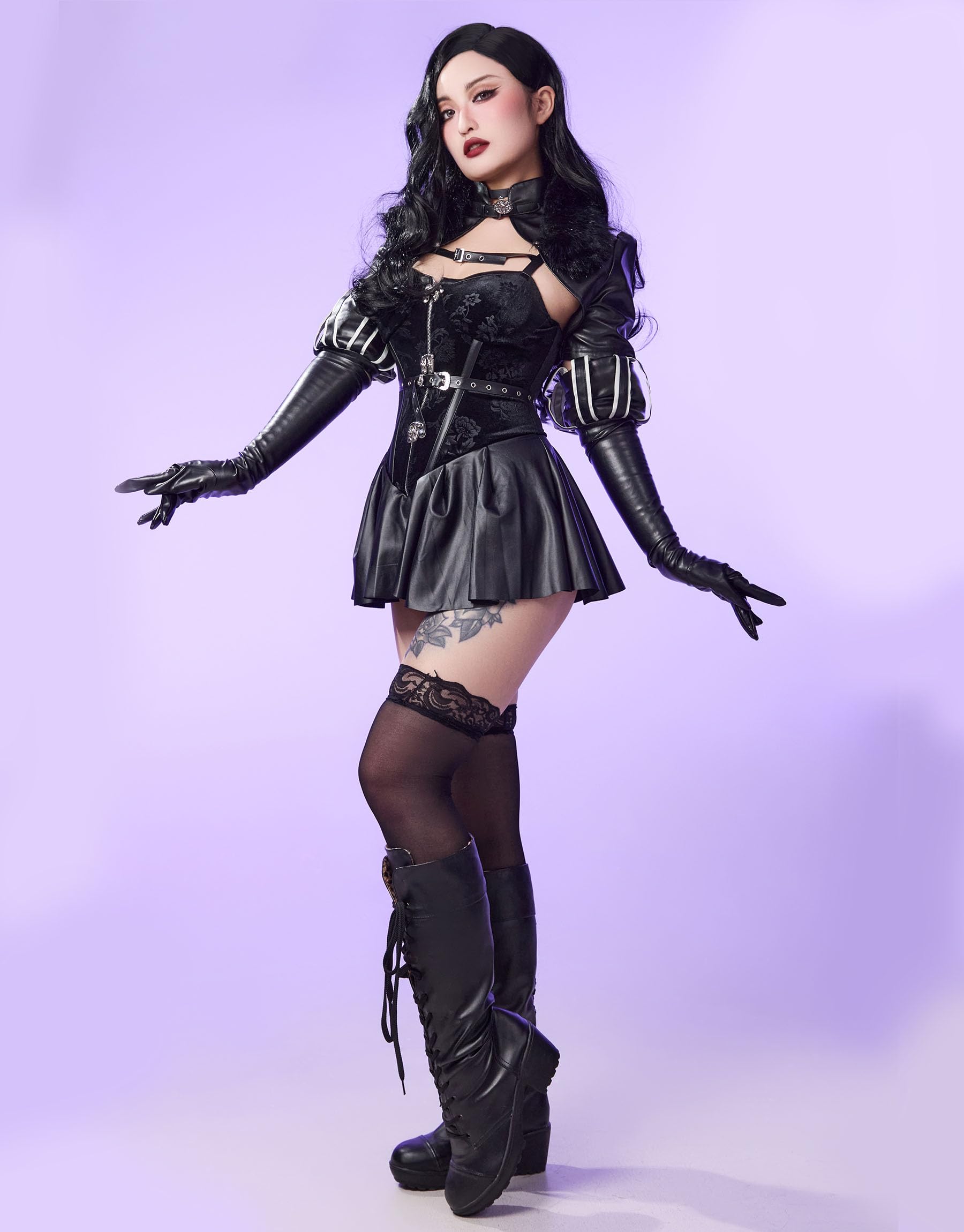 Mobbunny Anime Cosplay Costume Witch Style Black Dress and Short Jacket with Gloves and Belt Costume Halloween Outfit: Small Black