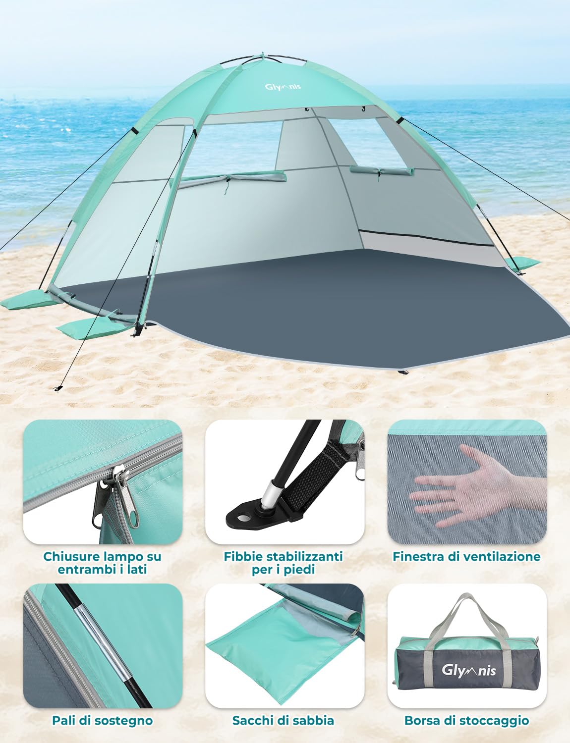 Glymnis Tenda da Spiaggia Portatile con Cerniera, UPF 50+, 2-4 Persone | Chiusura Cerniera Completa, Facile Montaggio, Leggera Portatile