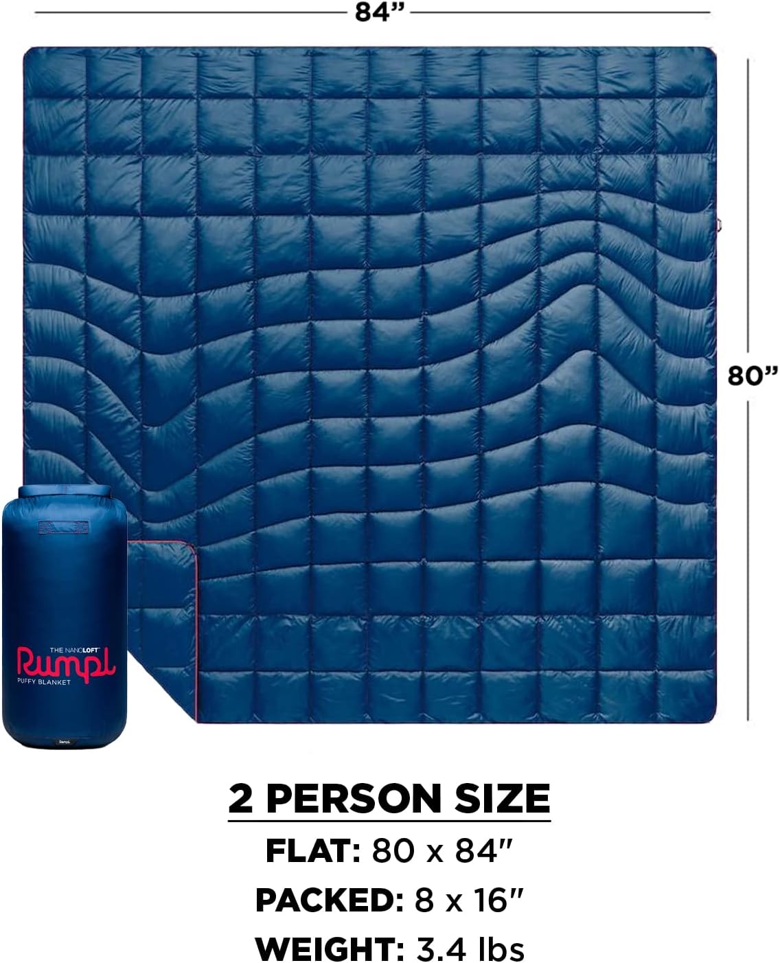 Rumpl The NanoLoft Puffy Blanket | Indoor Outdoor Camping Blanket for Traveling, Picnics, Beach Trips, Concerts | 80" x 84" | Deepwater, 2-Person