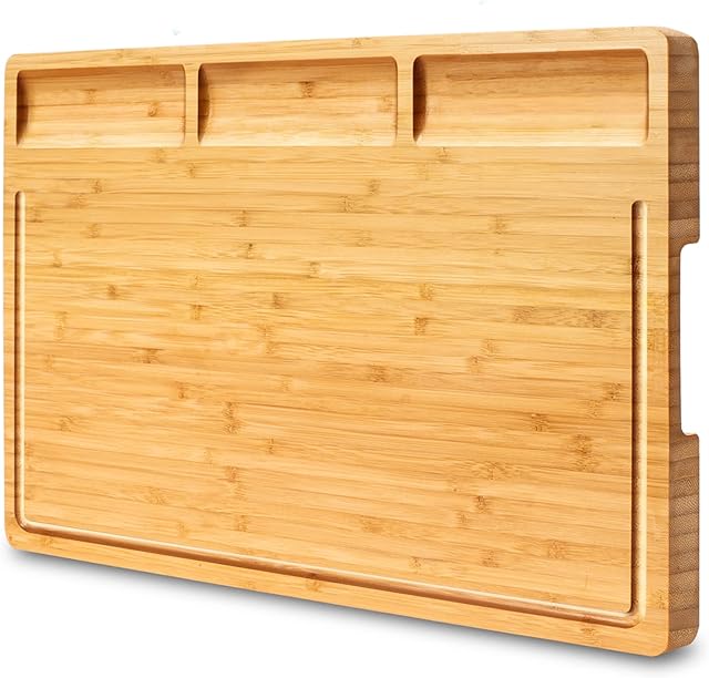 NIUXX Bamboo Chopping Board for Kitchen, Cutting Board with Juice Groove & 3 Compartments, Large Serving Board 43 x 32 x 2 cm, Reversible Butcher Block for Meat, Vegetables and Fruit