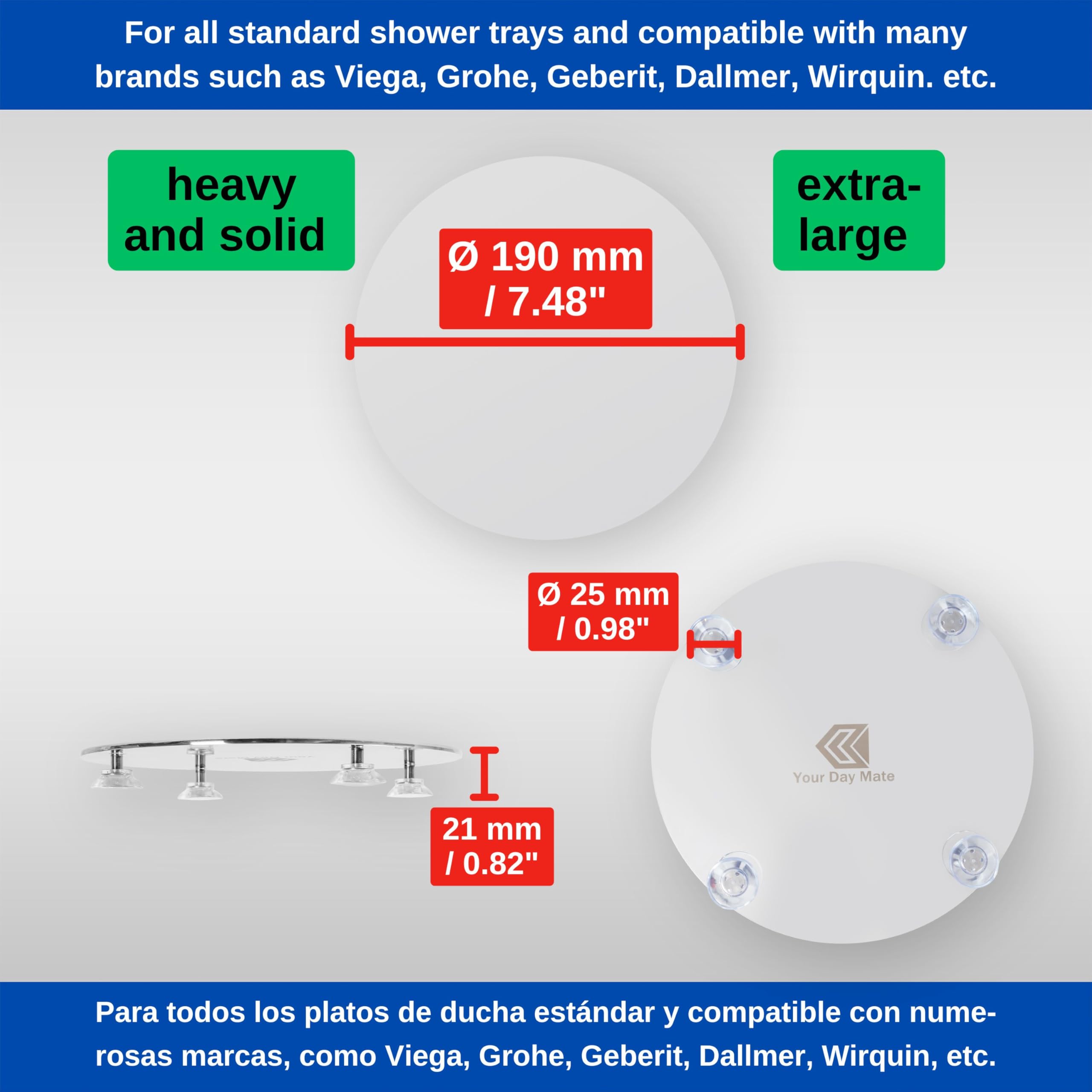Coperchio universale per scarico doccia, Ø 190 mm, in acciaio inox da 2,8 mm, installazione a ventosa, compatibile con tutte le marche come Viega, Grohe, Geberit, Dallmer, Wirquin, ecc.
