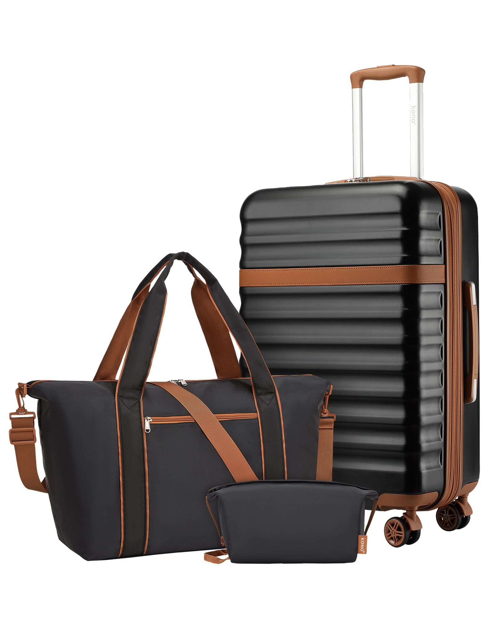 KONO Reisekoffer Set 3-teilig, Erweiterbar Hartschalenkoffer Mittelgroß mit 4 Rollen und TSA Schloss, leichte ABS+PC Trolley inkl Reisetasche und Kulturbeutel, ideal für Geschäftsreise, Schwarz/Braun