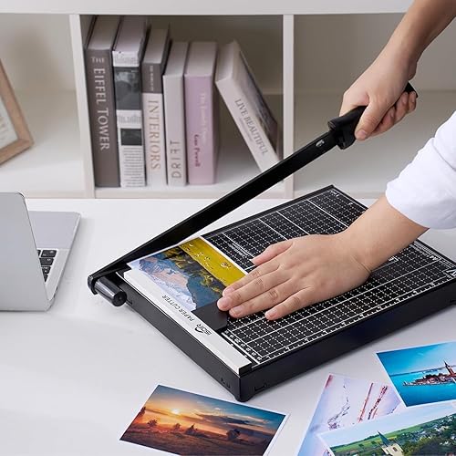 Miniatura 2 de Guillotina de corte de papel, tabla de cortar de papel de 12 pulgadas, capacidad de 12 hojas, base de metal resistente, barras guía de papel duales,