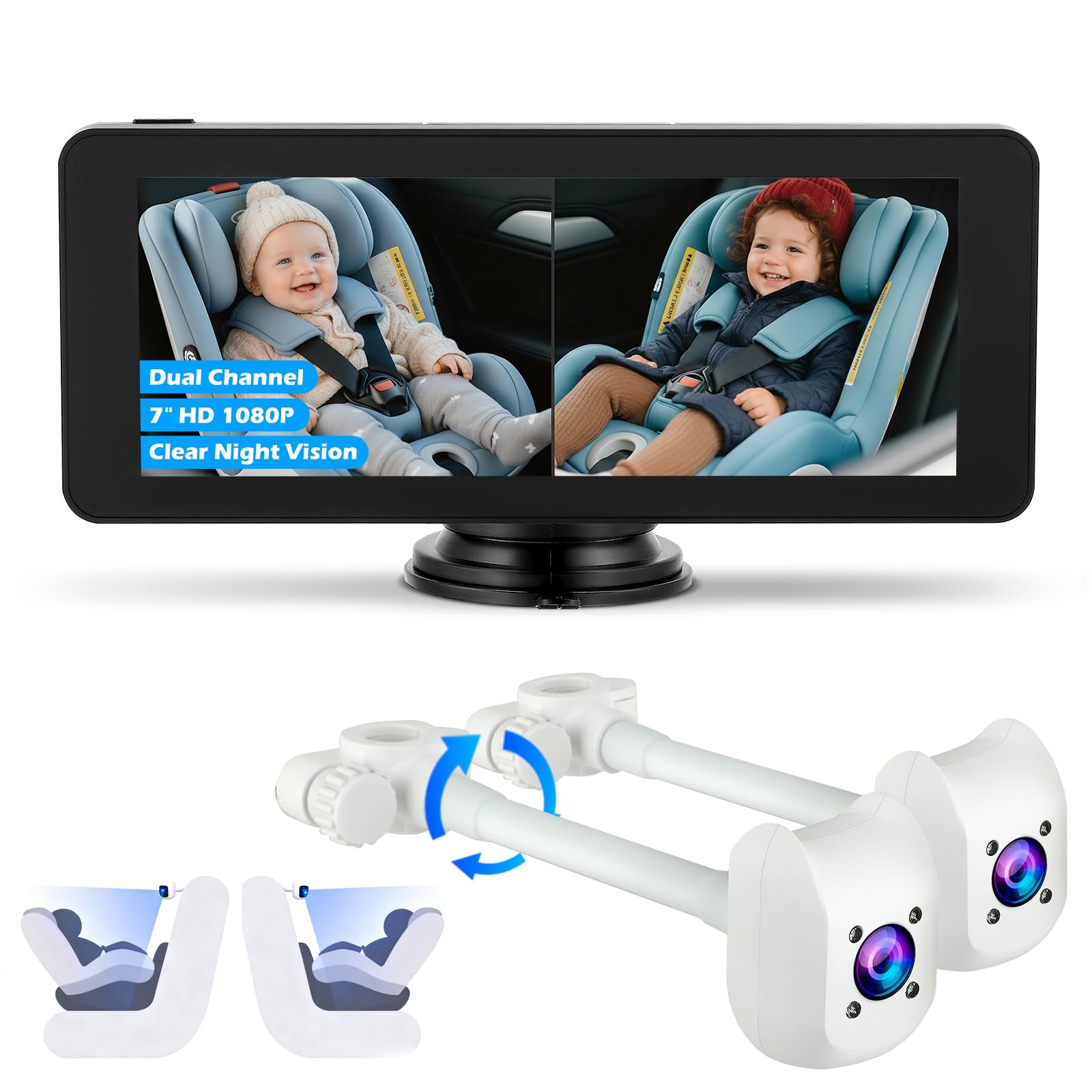 VeftBltrem 2-Kids Baby Car Camera for Seat with 7 Inch Ultrawide Display with Two Cameras Rear Facing