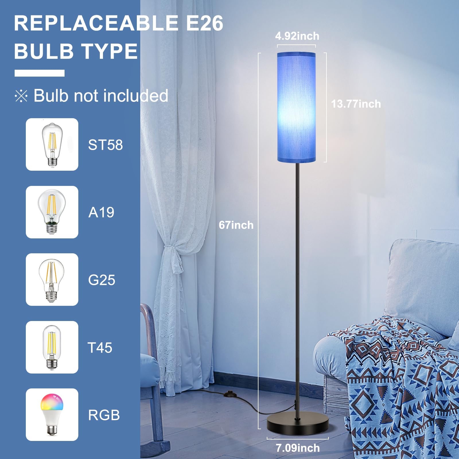 FRIDEKO HOME Floor Lamp with Blue Shade, Simple Design with Foot