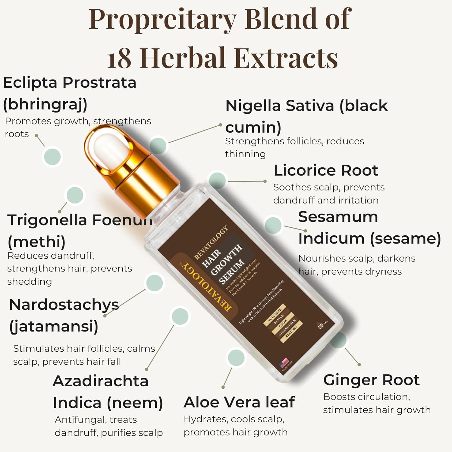 Revatology Botanical Hair Serum for Adults, Daily Leave In for Scalp Conditioning, Hair Growth, Thinning Hair and Fall, 12 Oils and 18 Herbal Extracts with Rosemary, Coconut, Bhringraj, Amla, Castor