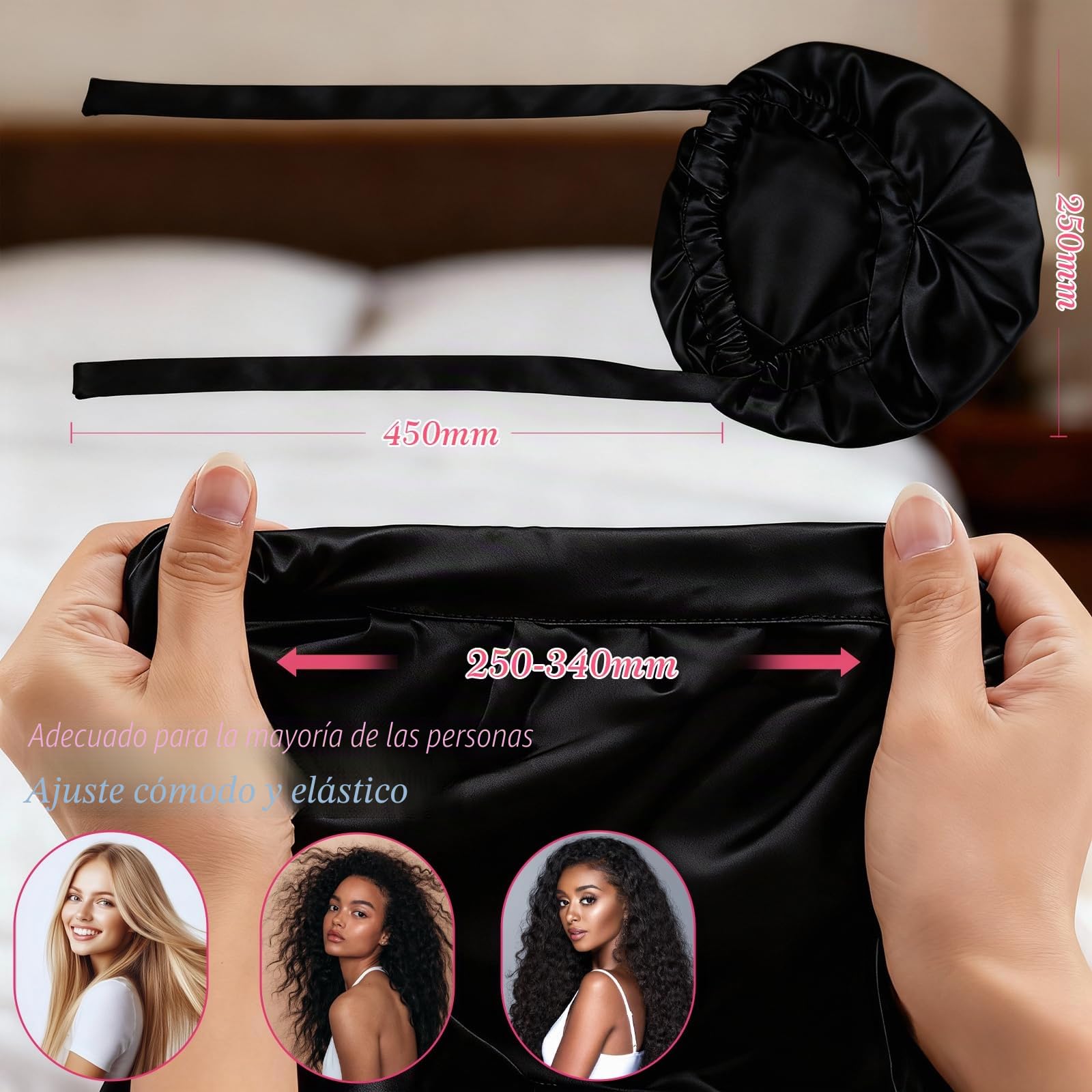 Gorro de seda para dormir 100% seda de morera ajustable suave gorro de dormir de seda para cabello rizado y liso