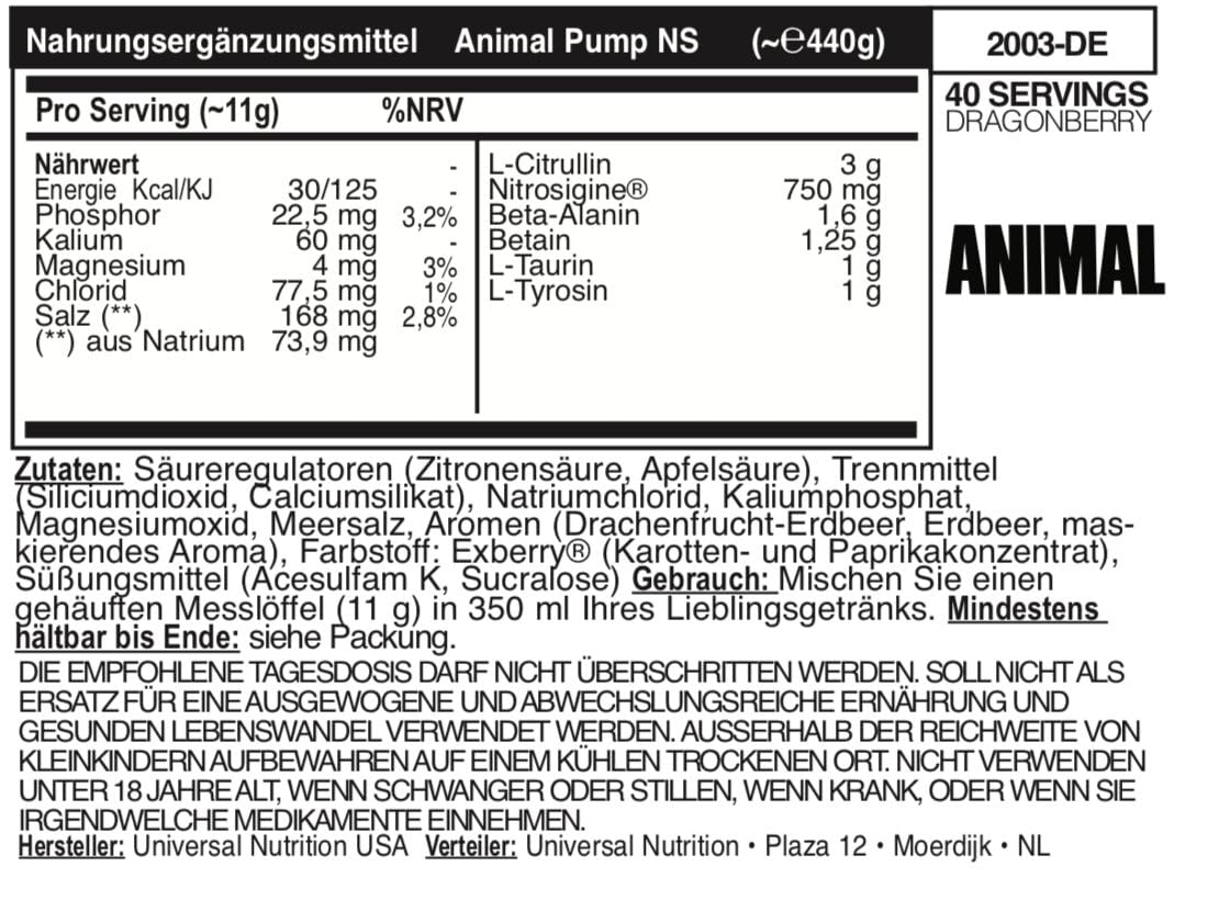 ANIMAL Pump Non-Stim Pre Workout Powder - koffeinfreies Preworkout für Energie, Fokus & Muskelaufbau, Beta Alanin, Citrullin, Nitrosigin und Nootropics, Dragon Fruit, 440g