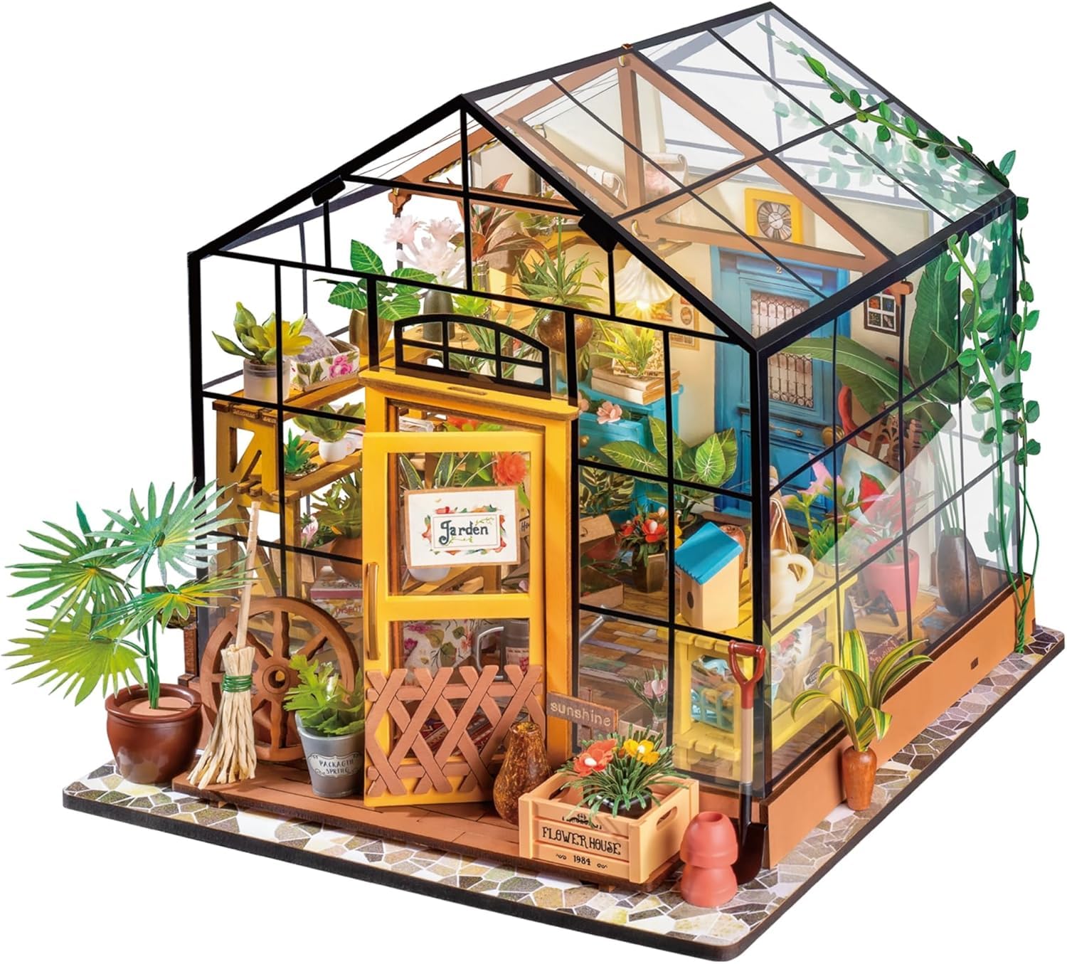ROBOTIME DIY Doll House kit Cathys Flower House, Miniature Greenhouse Craft Kit for Adults Mini Diorama Room with Furniture