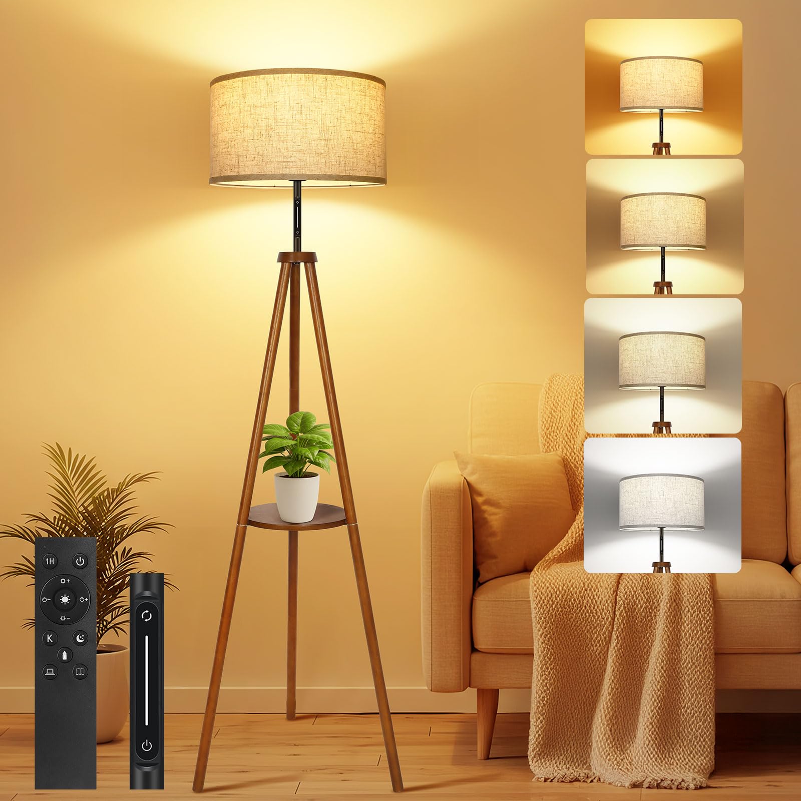 OUTON Solid Wooden Tripod Floor Lamp, Touch Control, Standing Lamp with Remote Control, Dimmable & 4 Color Temperatures, 1H Timer, LED Floor Lamp with Storage Shelf Linen Shade for Living Room Bedroom — image 1