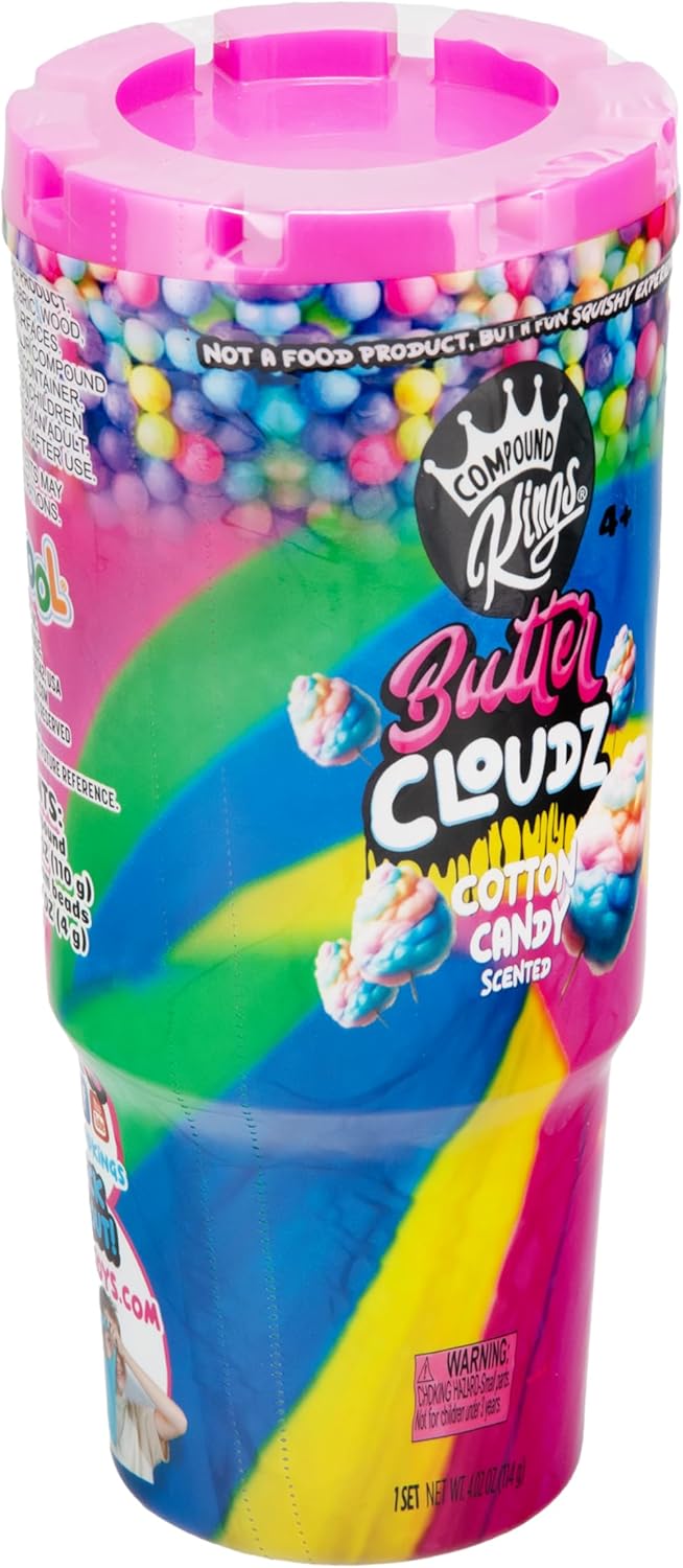 Butter Cloudz Tumbler 2-Pack by Compound Kings – Blue Raspberry & Rainbow Cotton Candy Scented Butter Slime for Kids – Soft, Silky, Non-Sticky Fluffy Slime with Surprise Charms – 220g Sensory Play