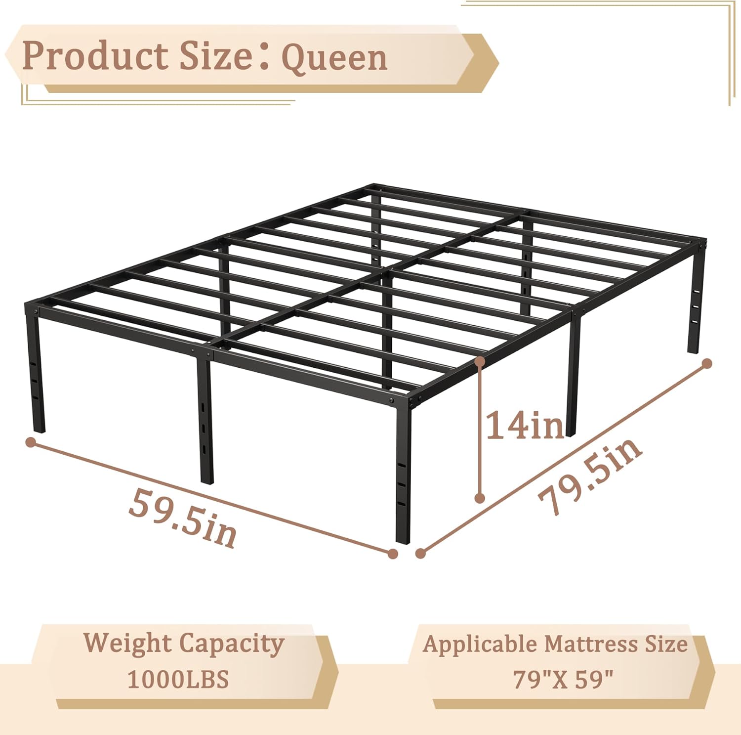 Queen Bed Frame, 14-Inch Tall Heavy-Duty Platform with Under-Bed Storage, Sturdy Metal Bed Frame for Mattress Support, No Box Spring Needed, Quiet Design, Easy Assembly, Black