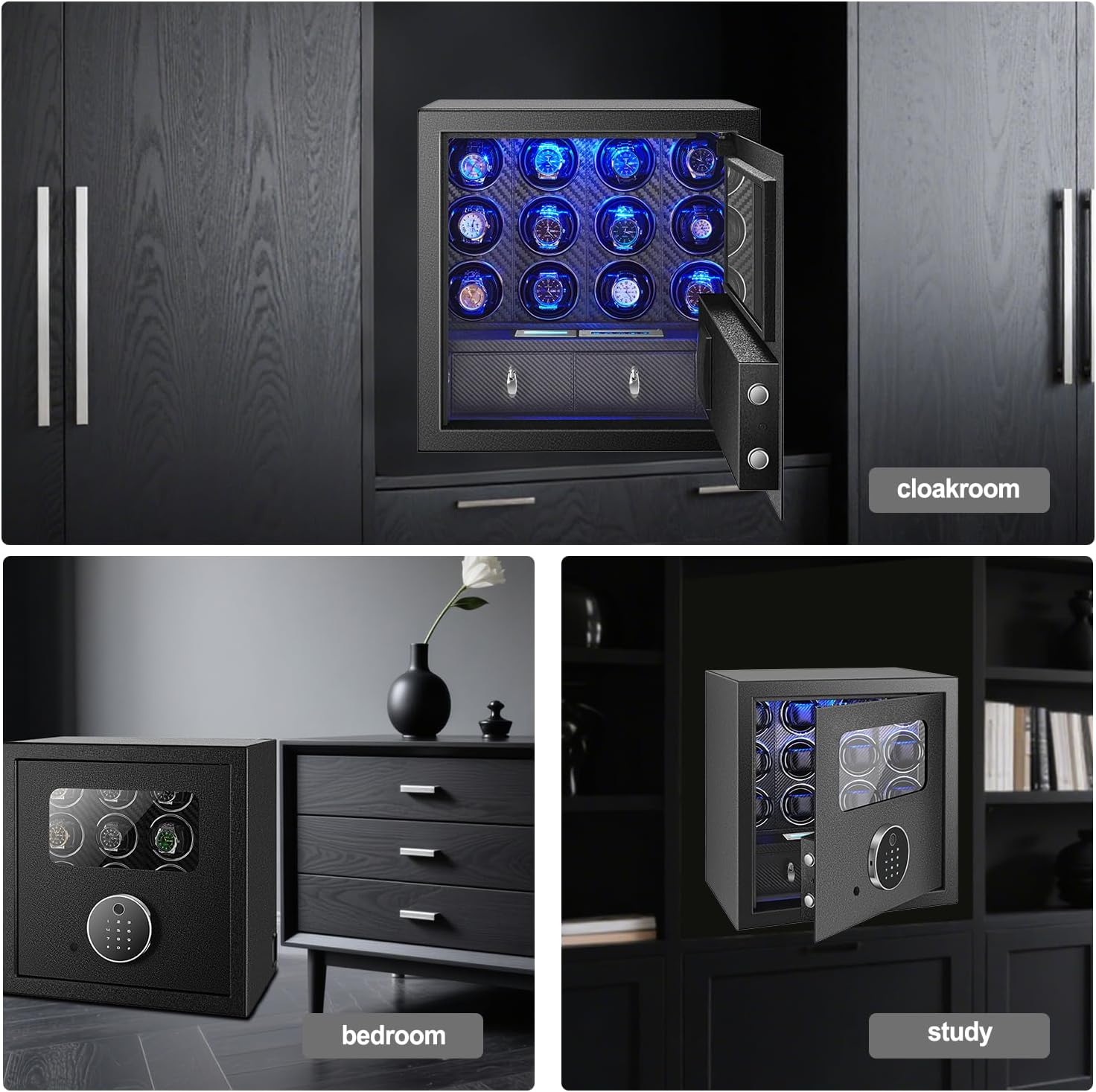 Safe Watch Winder for 12 Automatic Watches,with Digital Lock and Jewelry Storage,Ultra-Quiet Japanese Motors, Built-in LED Illumination and LCD Touchscreen Control