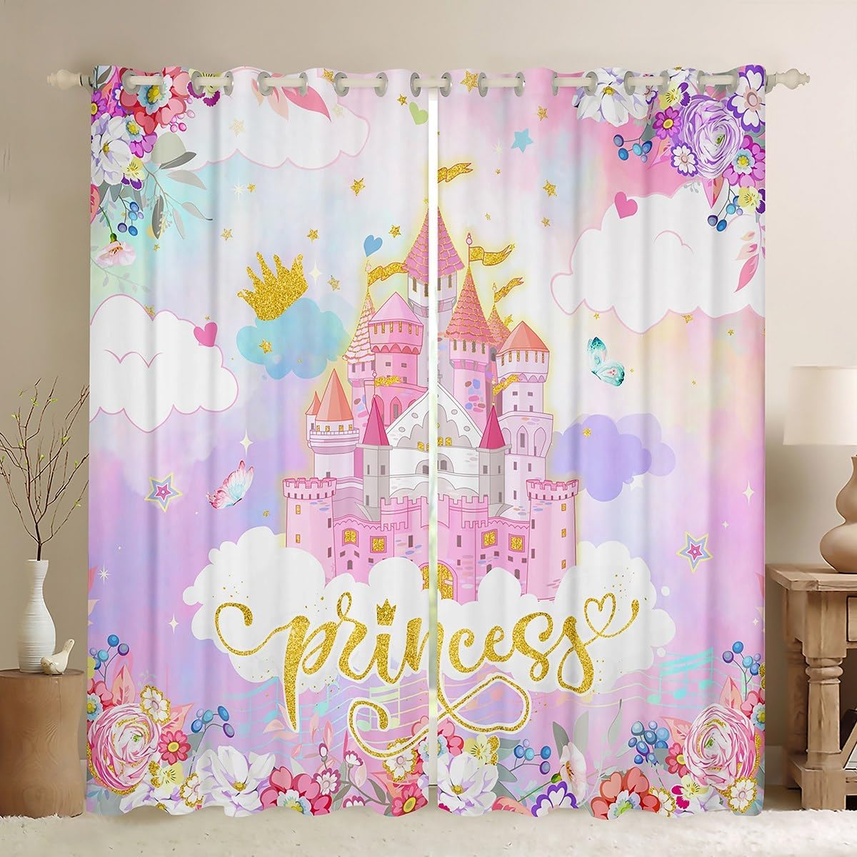 Feelyou Princess Darkening Dreapes (2 Panels, 38 x 45 Inch) Pink Castle Dreamy Curtains for Bedroom Living Room Kids Girls Decor Flowers Garden Princess Blackout Curtains Fairy Window Treatments
