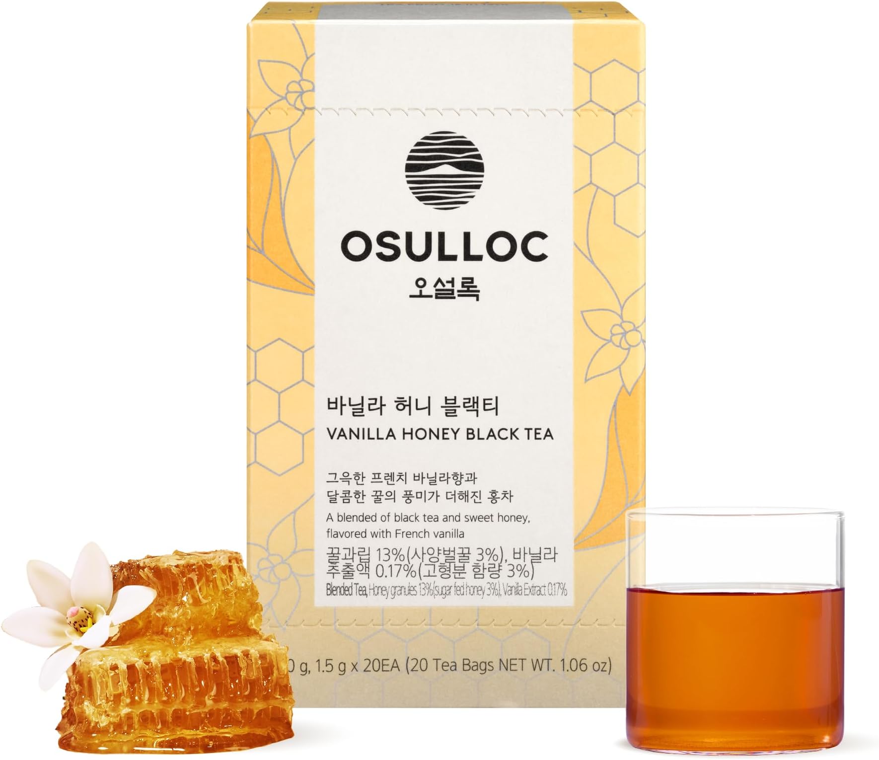 OSULLOC Vanilla Honey Black Tea (20 count, 1.05 oz), Black tea filled with Sweet Flavor of French Vanilla and Honey, Premium Blended Tea bags from Jeju Island