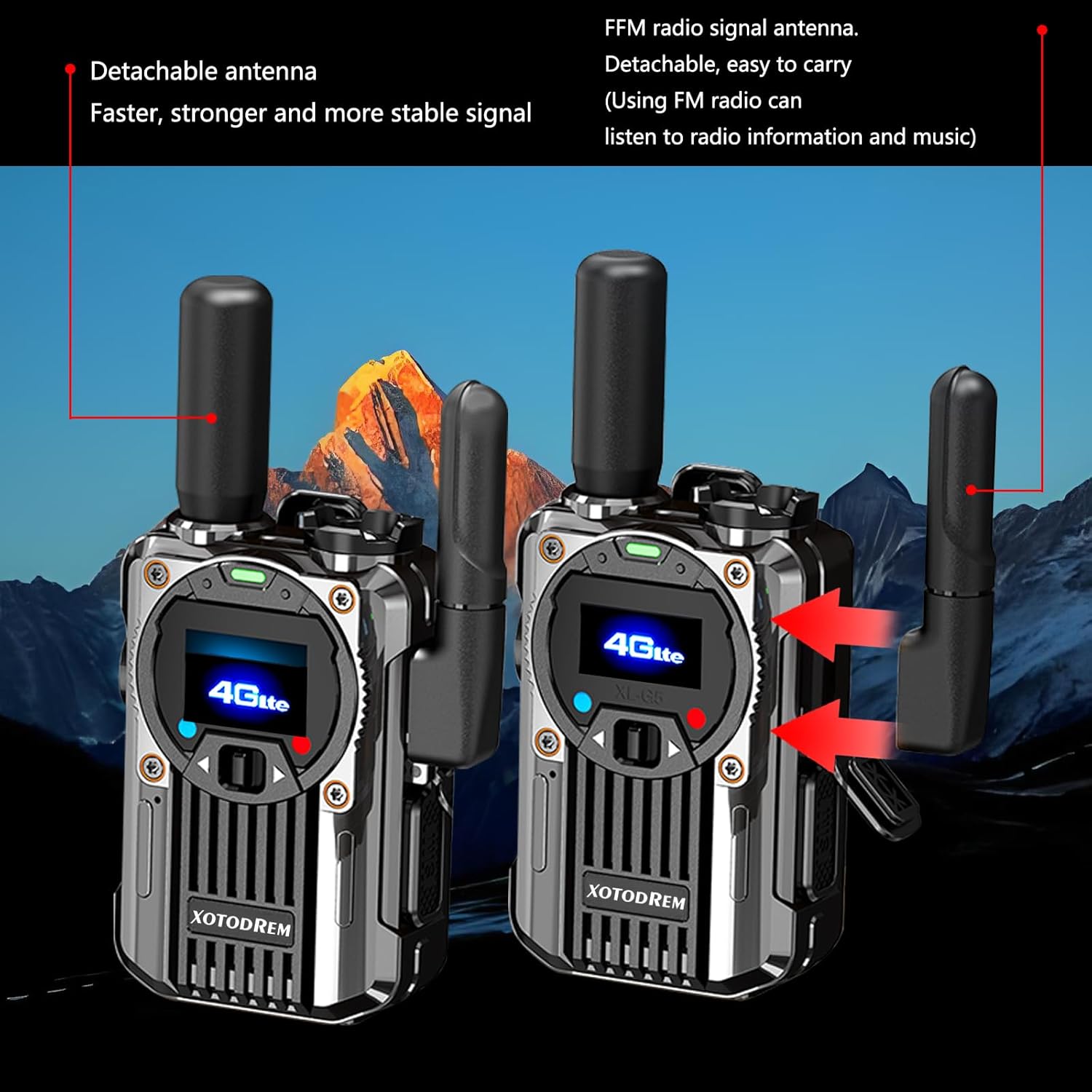 Two XOTODREM walkie talkies with detachable antennas, emphasizing faster, stronger, and more stable signals, and the use of an FM radio signal antenna.