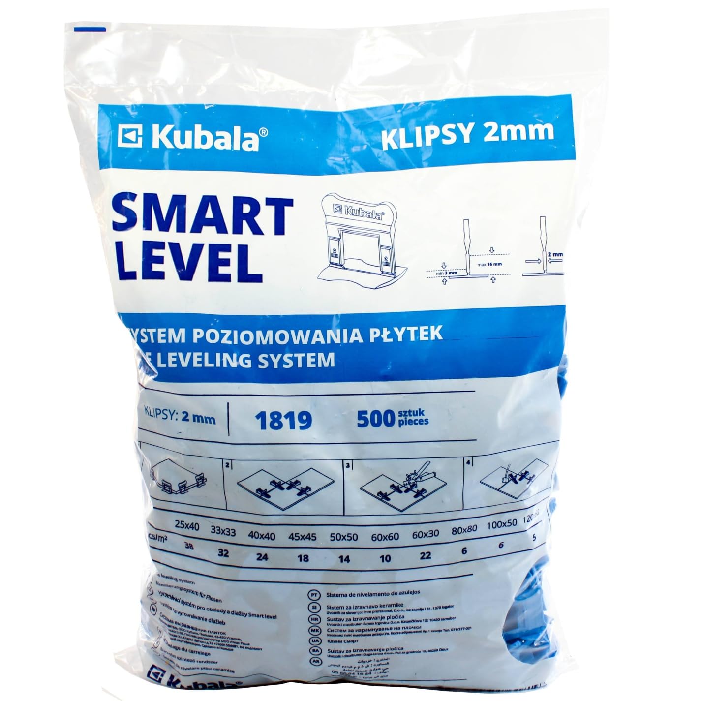 KUBALA SMART LEVEL KLIPSY DO POZIOMOWANIA PŁYTEK 2MM ZESTAW 1500 SZTUK