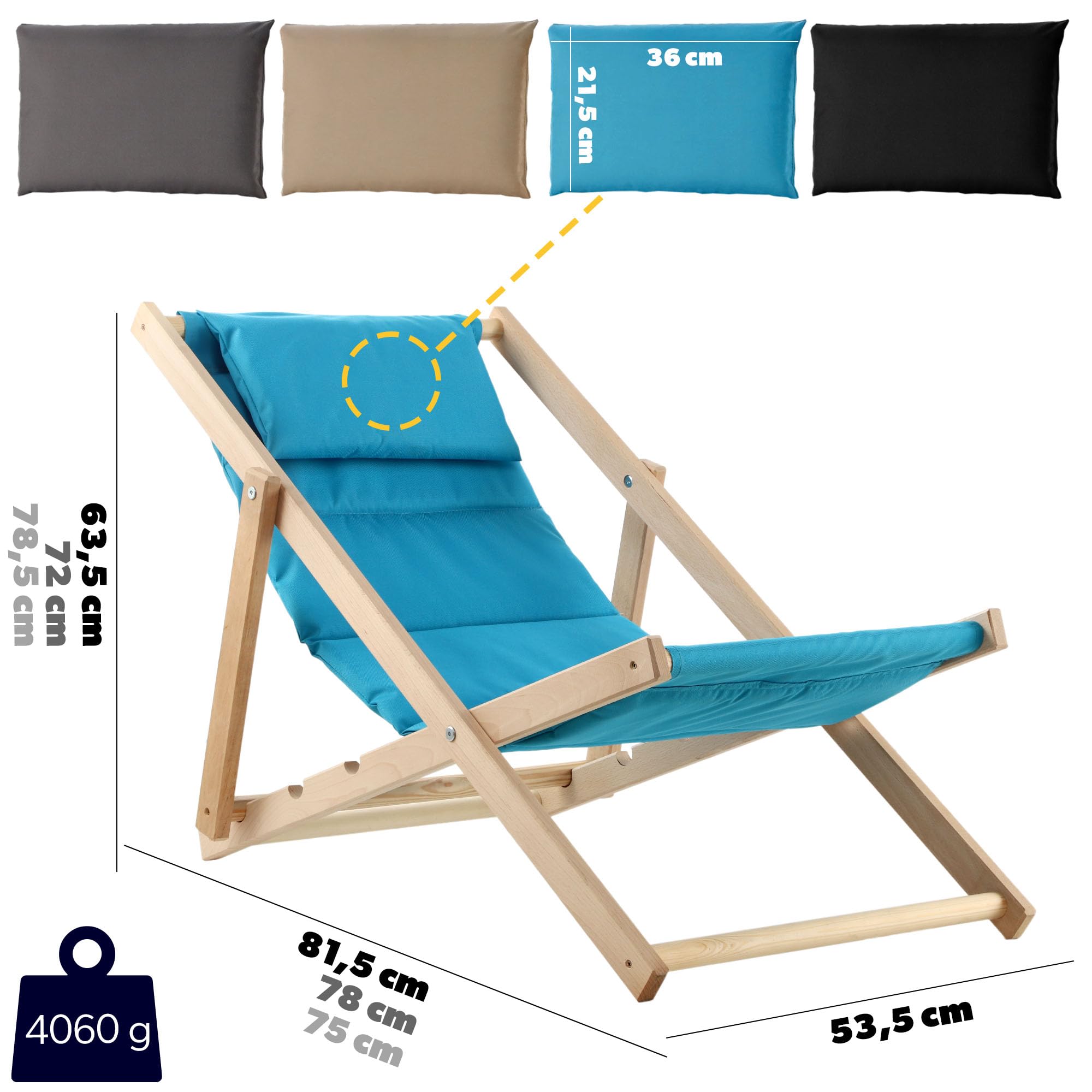 KADAX Sedia a sdraio, in legno, fino a 120 kg, sedia a sdraio in legno di faggio, sedie pieghevoli in legno, sdraio pieghevole per spiaggia, sedia a sdraio in legno (con poggiatesta, blu)