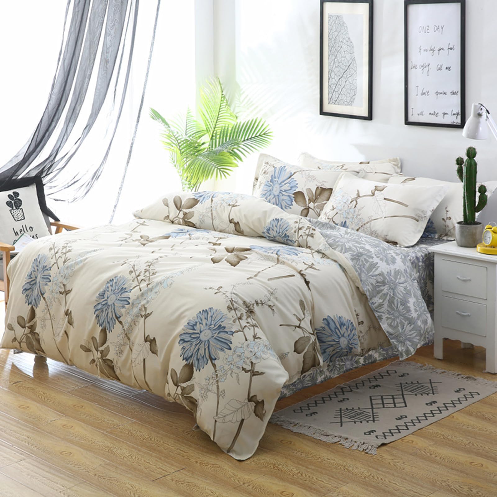 E-yimeng Double Bedding Set Floral Duvet Cover Sets Beige Bed Cover with 2 Pillowcases Zipper Luxury Reversible Blue Hotel Quality Easy Care Super Soft Bedding Collections 200x200 cm - Image 3