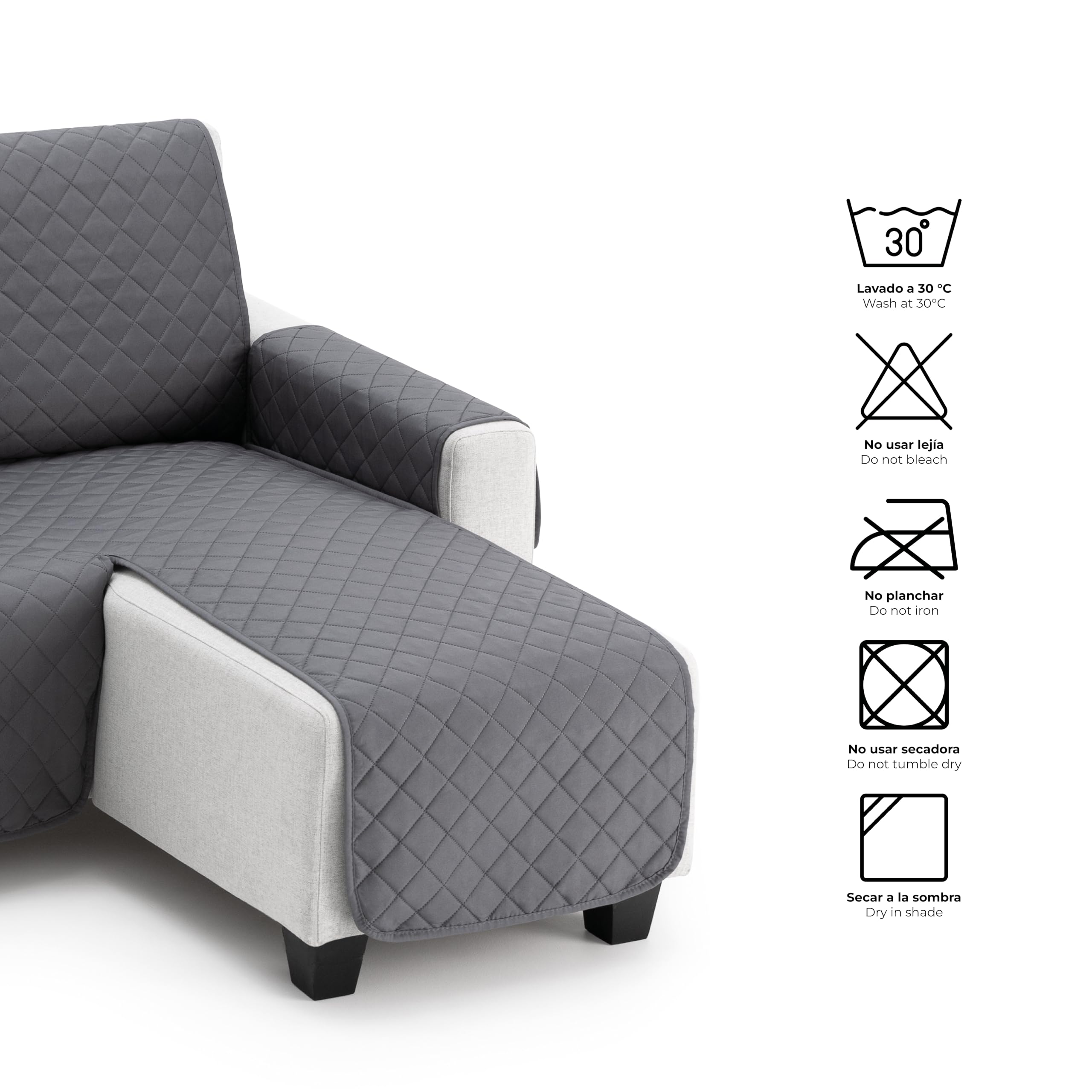 Funda Cubre Chaise Longue Acolchada Due 200 cm, Brazo Derecho, Color Gris, Protector de Sofá Universal, Tacto Suave y Resistente, Ideal para Mascotas, Fabricada en España