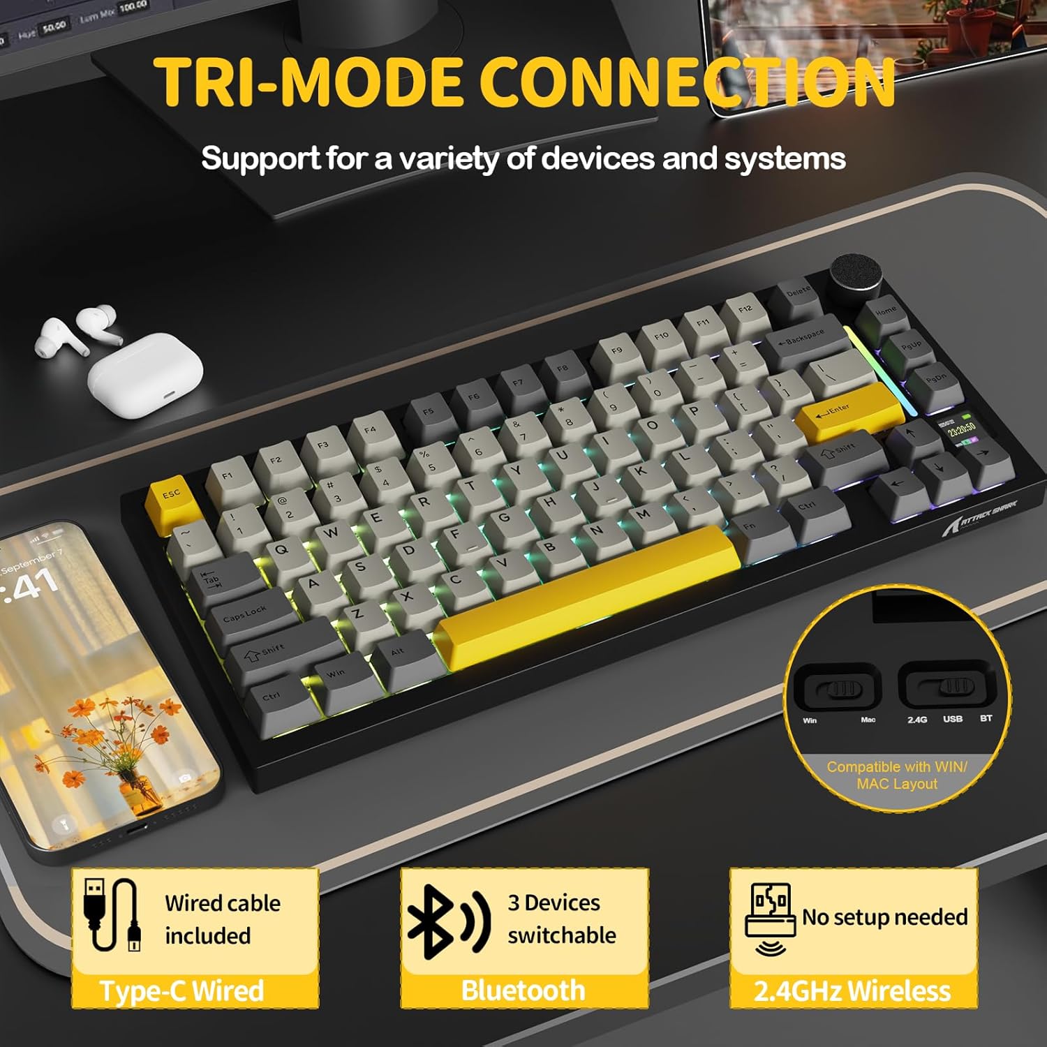 Image showing the ATTACK SHARK X820 Ultra keyboard connected via USB-C cable, Bluetooth, and 2.4GHz wireless, highlighting its tri-mode connectivity.