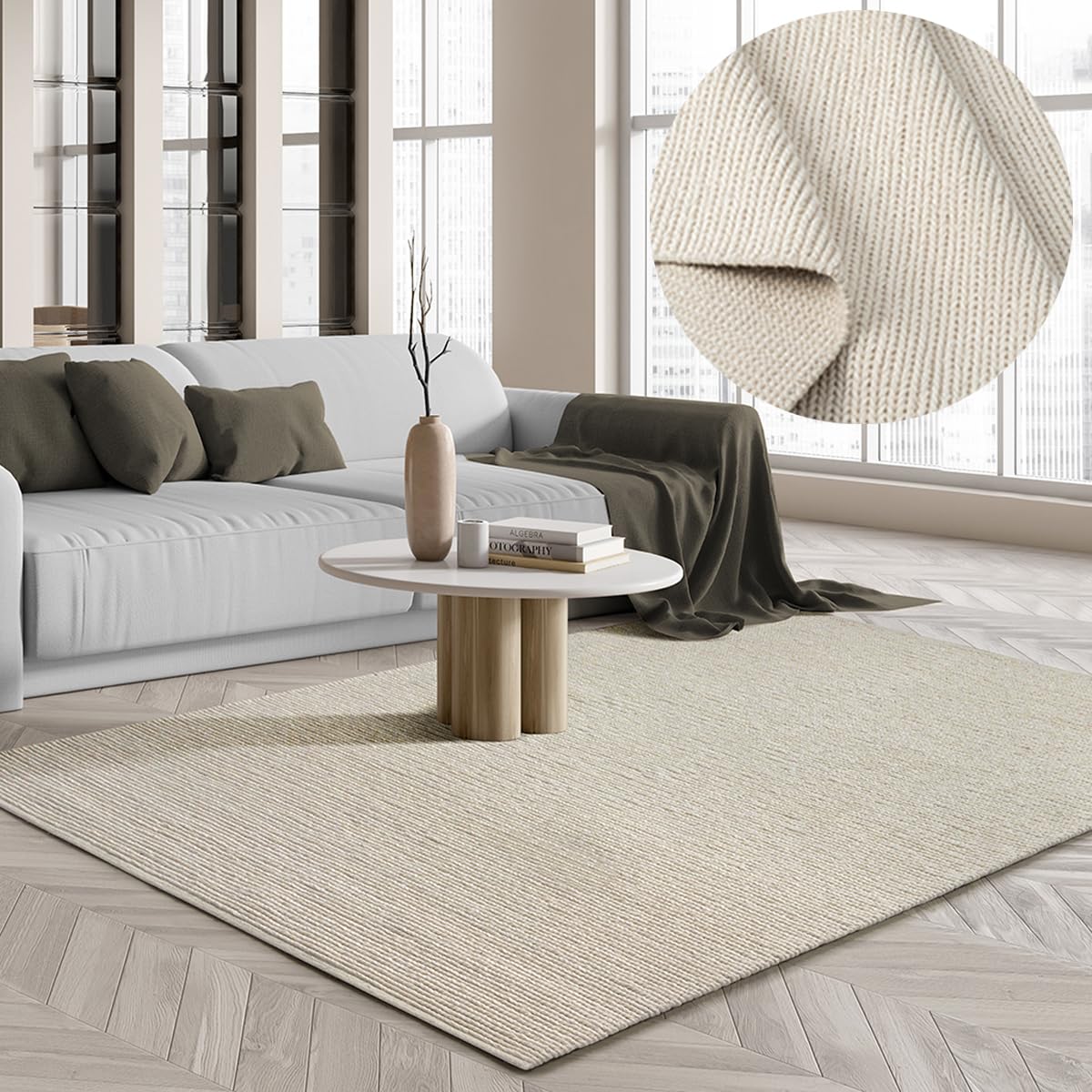 the carpet Tapis en laine de première qualité tissé à la main, en fibres naturelles, élégance dans le style tissé plat scandinave, crème, 300 x 400 cm