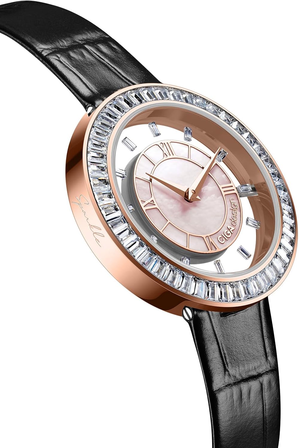 CIGA Design Watches for Women Sparkle Collection Quartz Watch, Gem-Set Bezel, Elegant Mother-of-Pearl Dial, Refined Leather Strap with Buckle for Women Watch