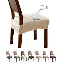 Genina Dining Chair Covers Set of 6, Waterproof PU Leather Dining Seat Covers Stretch Wipeable Dining Room Seat Cover Kitchen Chair Slipcover Protector Rear-Covered Design, Cream