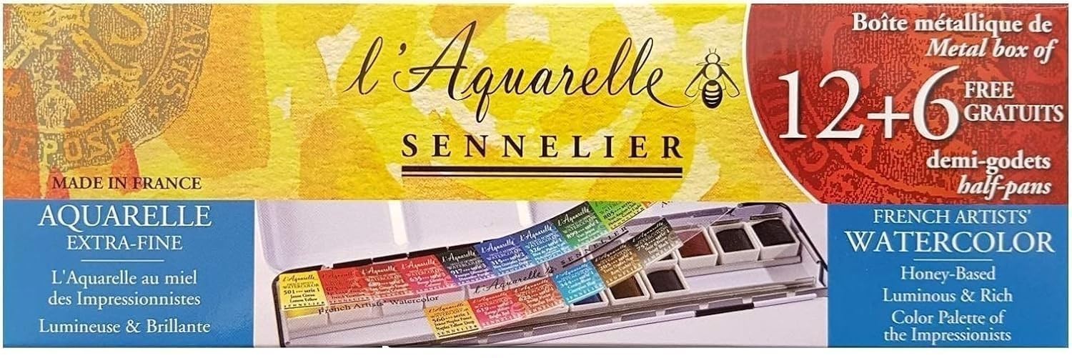 Sennelier Boîte de Peinture Aquarelle Extra-Fines,18 demi-godets Boîte en métal et Da Vinci XS Synthetic Brush Voyage