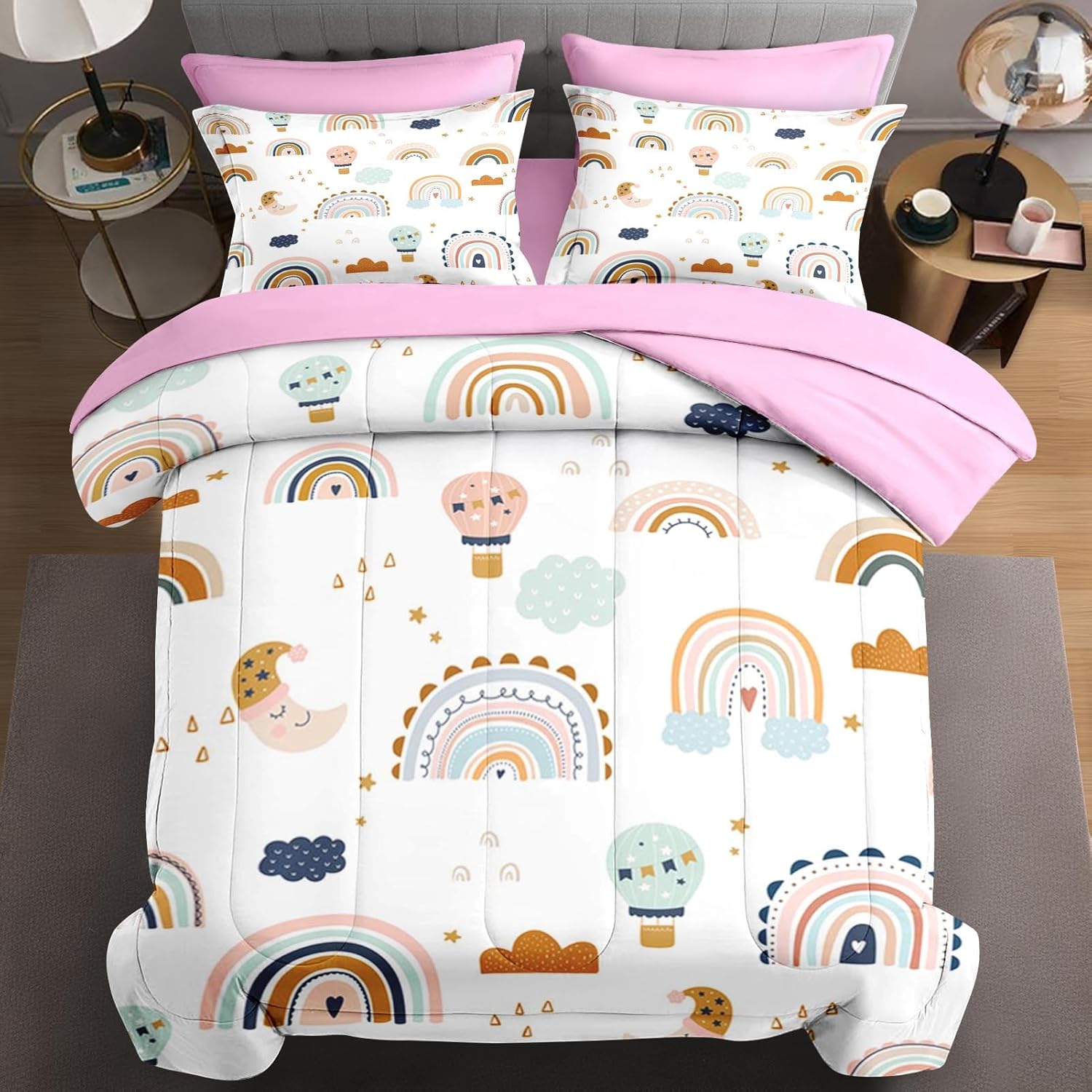 Queen Size Comforter Set with Pillowcase & Sham, Ocean Bubbles Mermaid 7 Pcs Bedding for Kids and Adults, Purple Pink Rainbow Scales Bed in a Bag with Flat Fitted Sheet